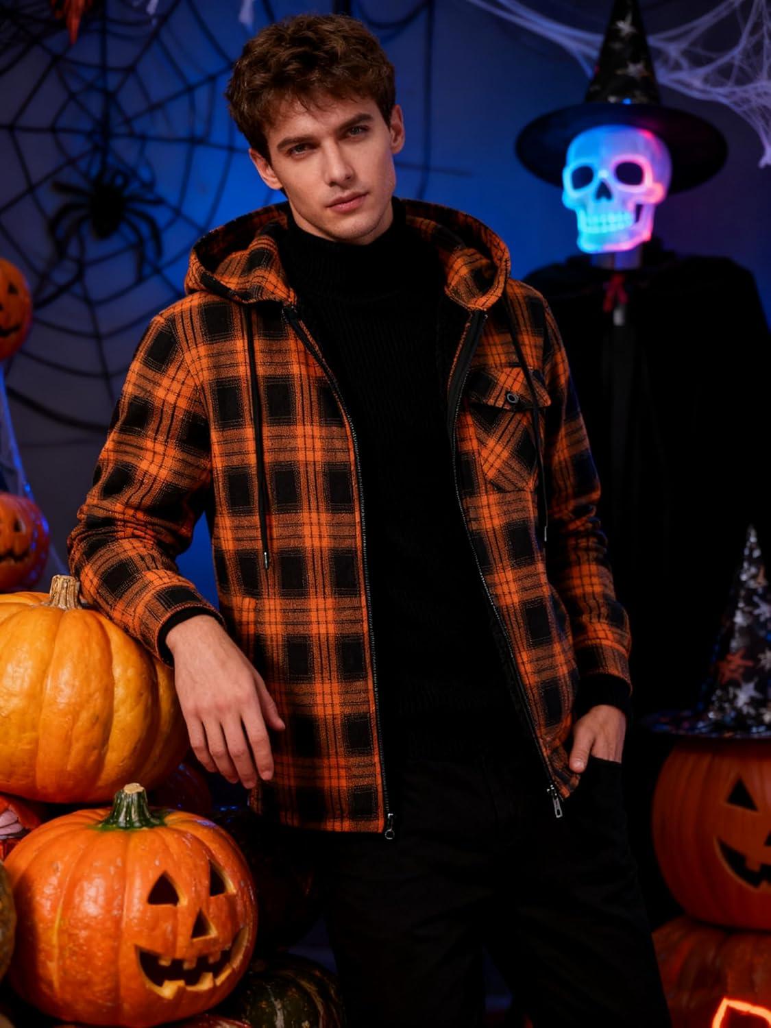 imageMens Cotton Plaid Shirts Jacket Flannel Fleece Lined Hoodies Sherpa Zip Up Hoodie with PocketOrange Black