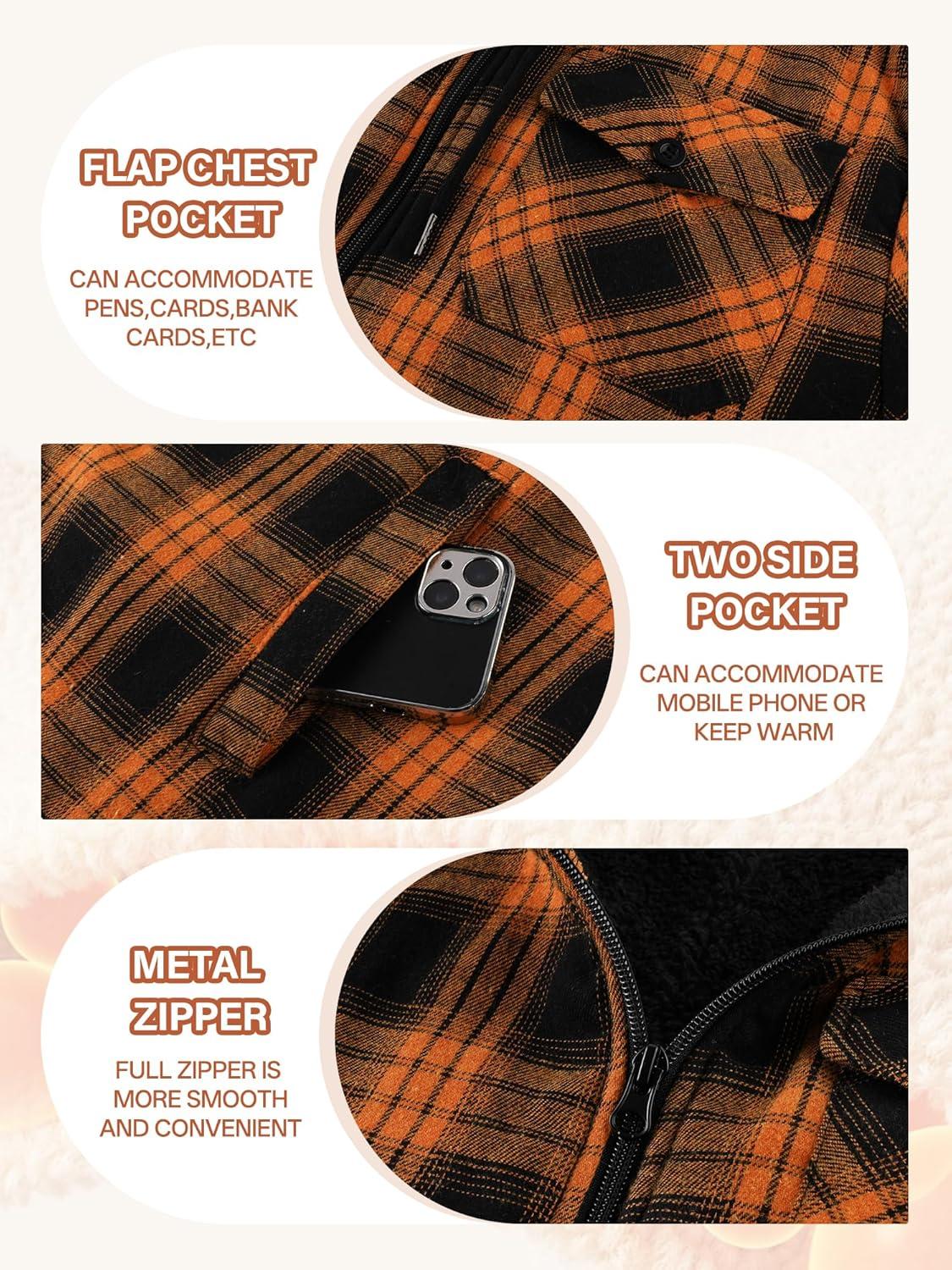 imageMens Cotton Plaid Shirts Jacket Flannel Fleece Lined Hoodies Sherpa Zip Up Hoodie with PocketOrange Black
