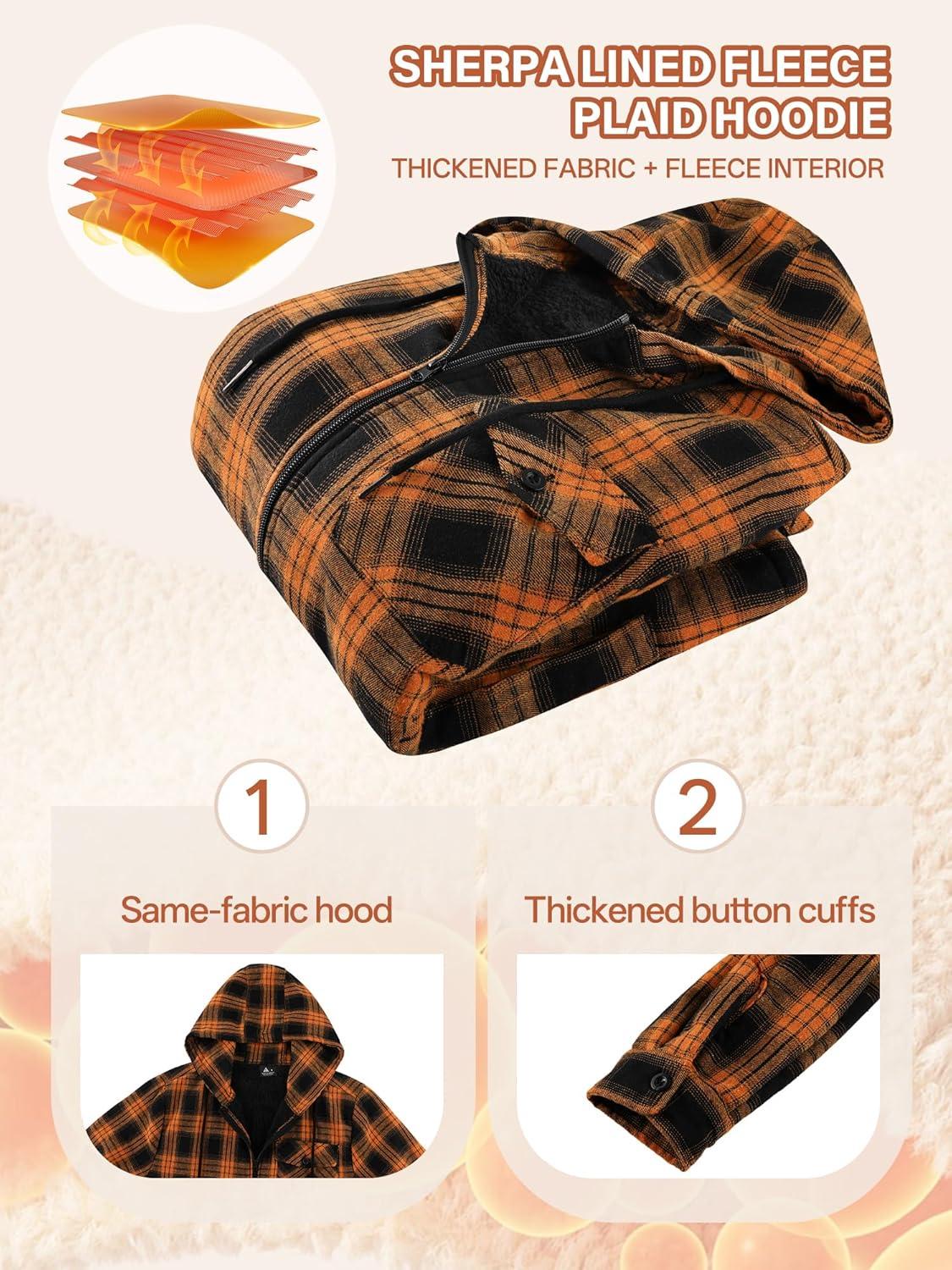 imageMens Cotton Plaid Shirts Jacket Flannel Fleece Lined Hoodies Sherpa Zip Up Hoodie with PocketOrange Black