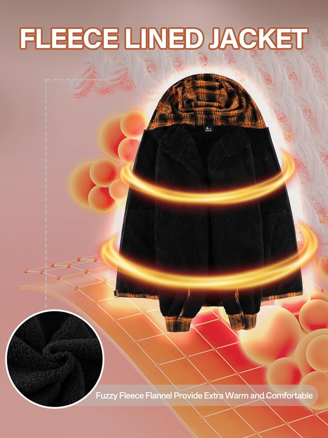 imageMens Cotton Plaid Shirts Jacket Flannel Fleece Lined Hoodies Sherpa Zip Up Hoodie with PocketOrange Black