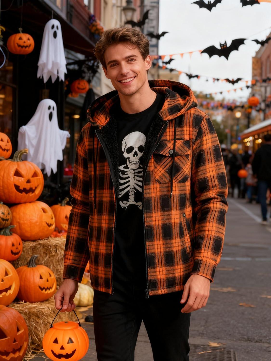 imageMens Cotton Plaid Shirts Jacket Flannel Fleece Lined Hoodies Sherpa Zip Up Hoodie with PocketOrange Black