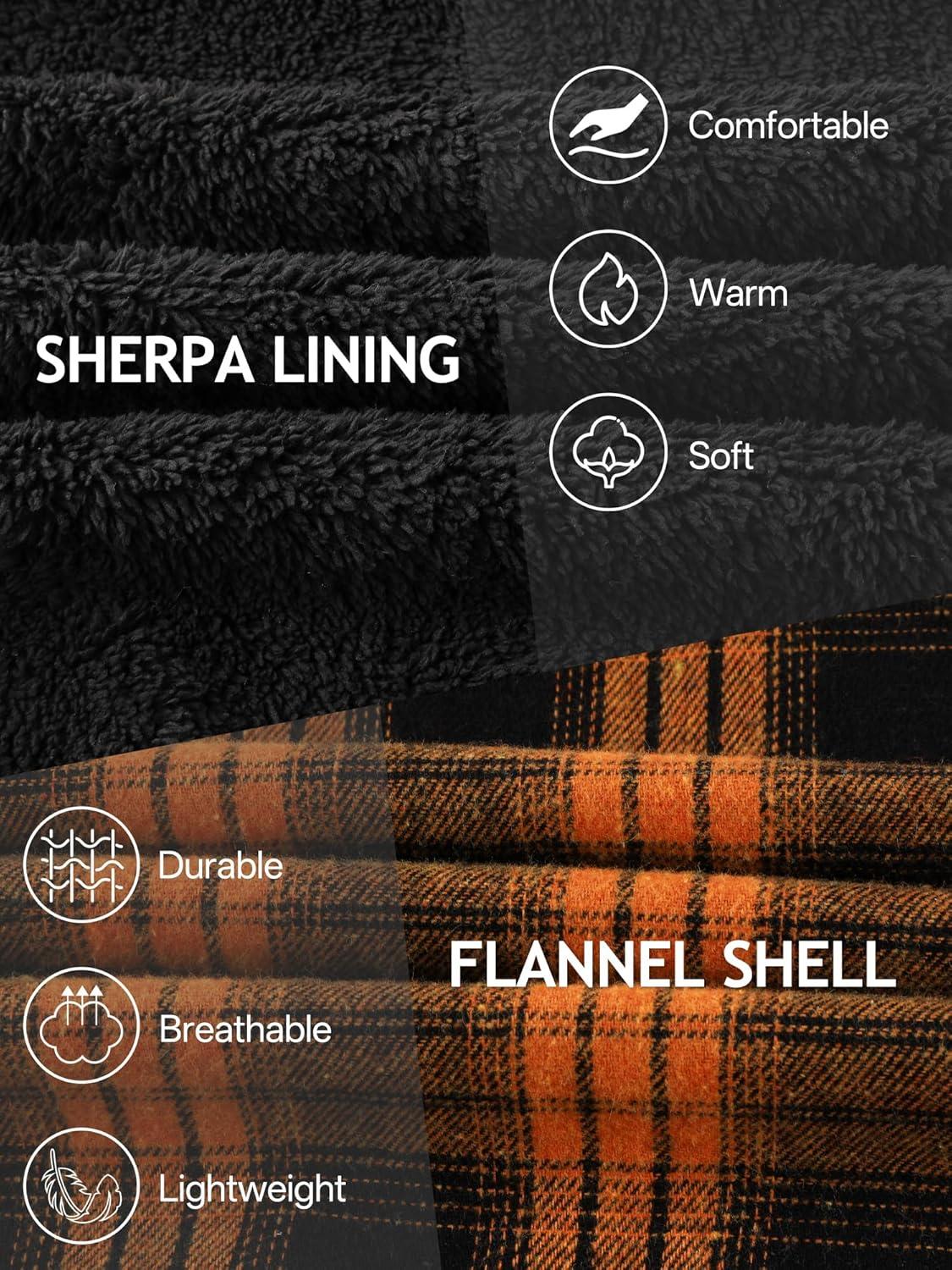 imageMens Cotton Plaid Shirts Jacket Flannel Fleece Lined Hoodies Sherpa Zip Up Hoodie with PocketOrange Black