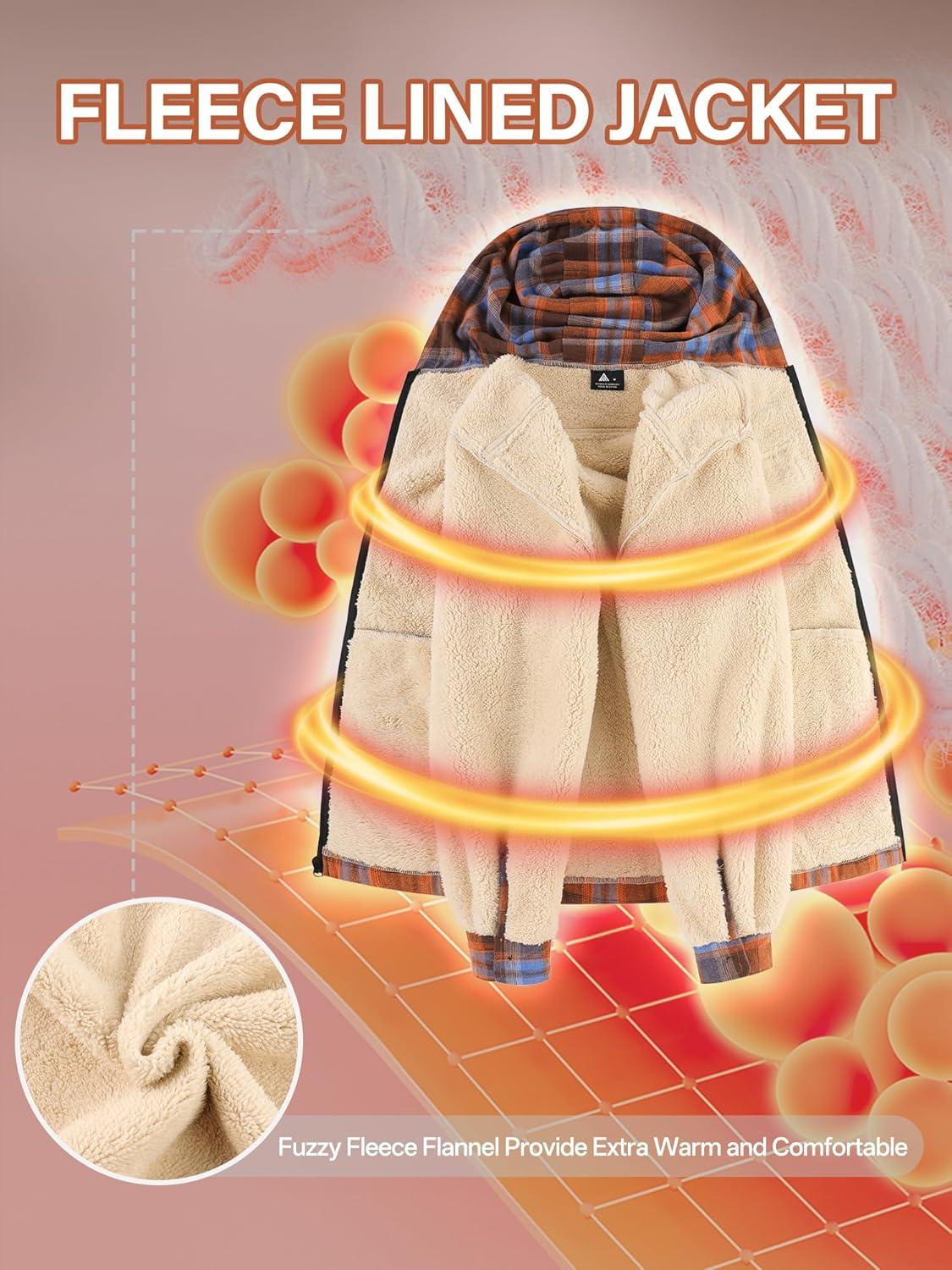 imageMens Cotton Plaid Shirts Jacket Flannel Fleece Lined Hoodies Sherpa Zip Up Hoodie with PocketOrange Blue