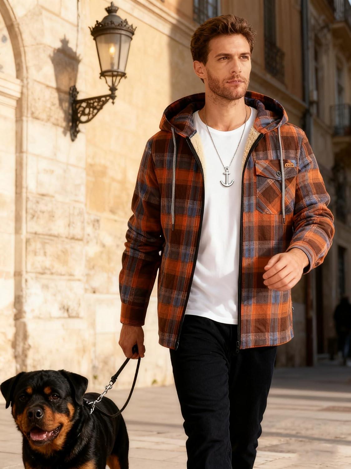 imageMens Cotton Plaid Shirts Jacket Flannel Fleece Lined Hoodies Sherpa Zip Up Hoodie with PocketOrange Blue