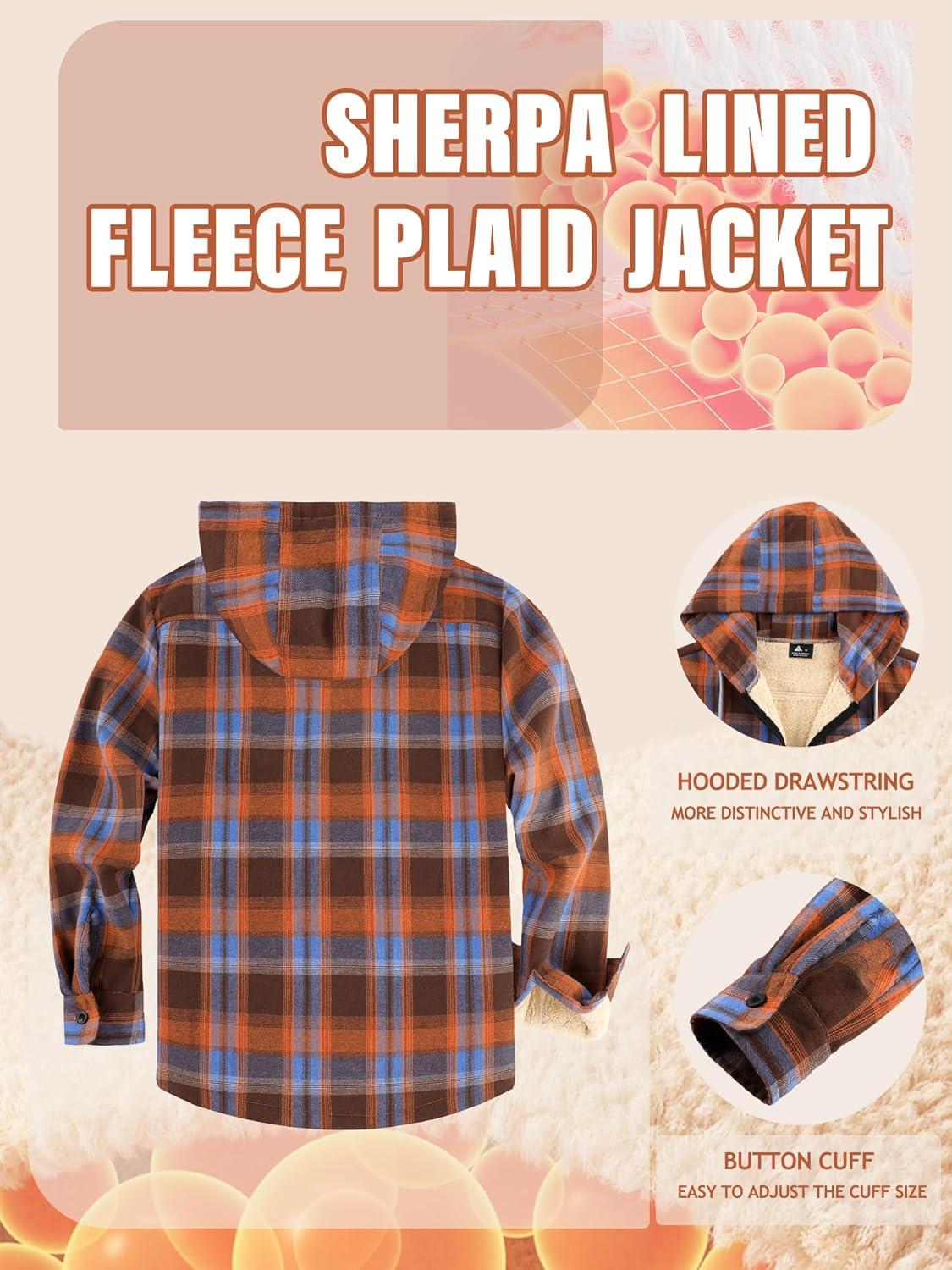 imageMens Cotton Plaid Shirts Jacket Flannel Fleece Lined Hoodies Sherpa Zip Up Hoodie with PocketOrange Blue