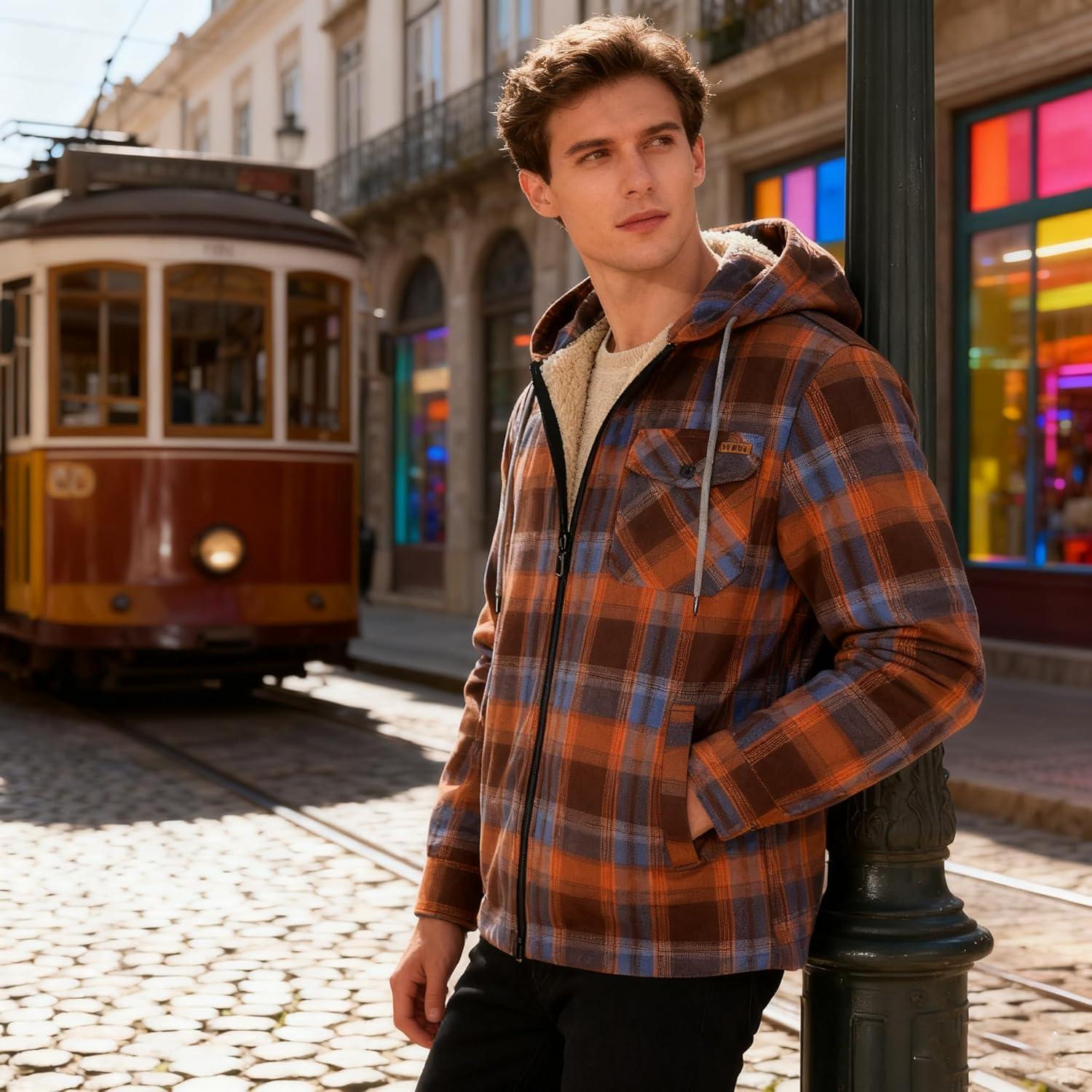 imageMens Cotton Plaid Shirts Jacket Flannel Fleece Lined Hoodies Sherpa Zip Up Hoodie with PocketOrange Blue