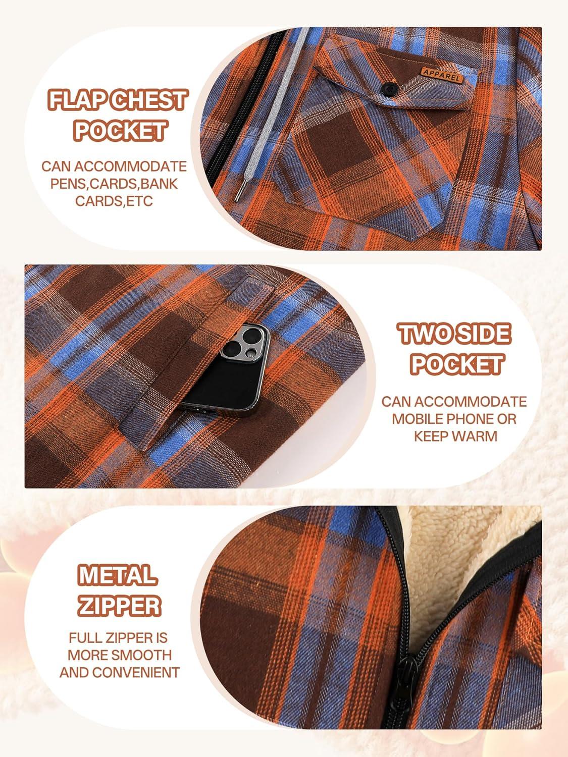 imageMens Cotton Plaid Shirts Jacket Flannel Fleece Lined Hoodies Sherpa Zip Up Hoodie with PocketOrange Blue