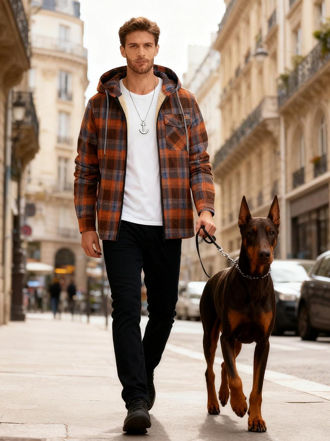 imageMens Cotton Plaid Shirts Jacket Flannel Fleece Lined Hoodies Sherpa Zip Up Hoodie with PocketOrange Blue