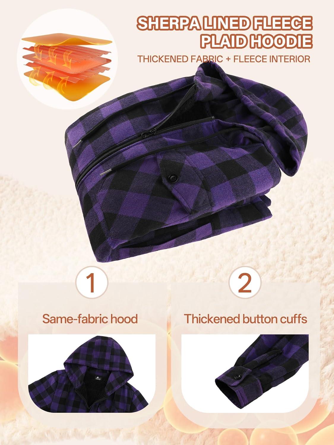 imageMens Cotton Plaid Shirts Jacket Flannel Fleece Lined Hoodies Sherpa Zip Up Hoodie with PocketPurple Black