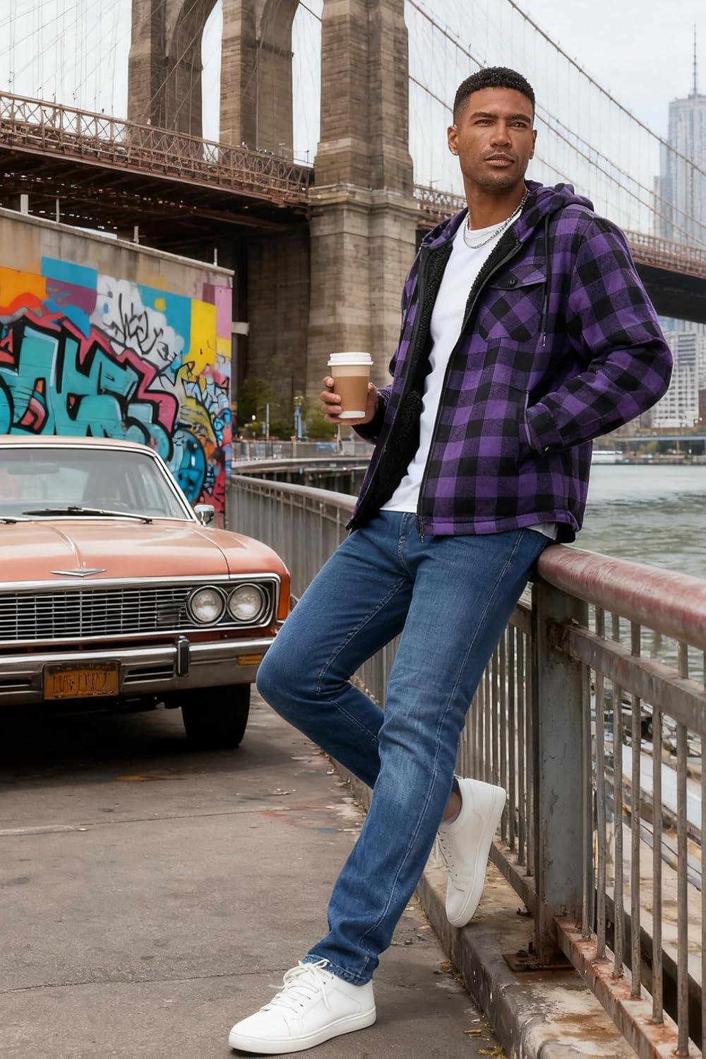 imageMens Cotton Plaid Shirts Jacket Flannel Fleece Lined Hoodies Sherpa Zip Up Hoodie with PocketPurple Black