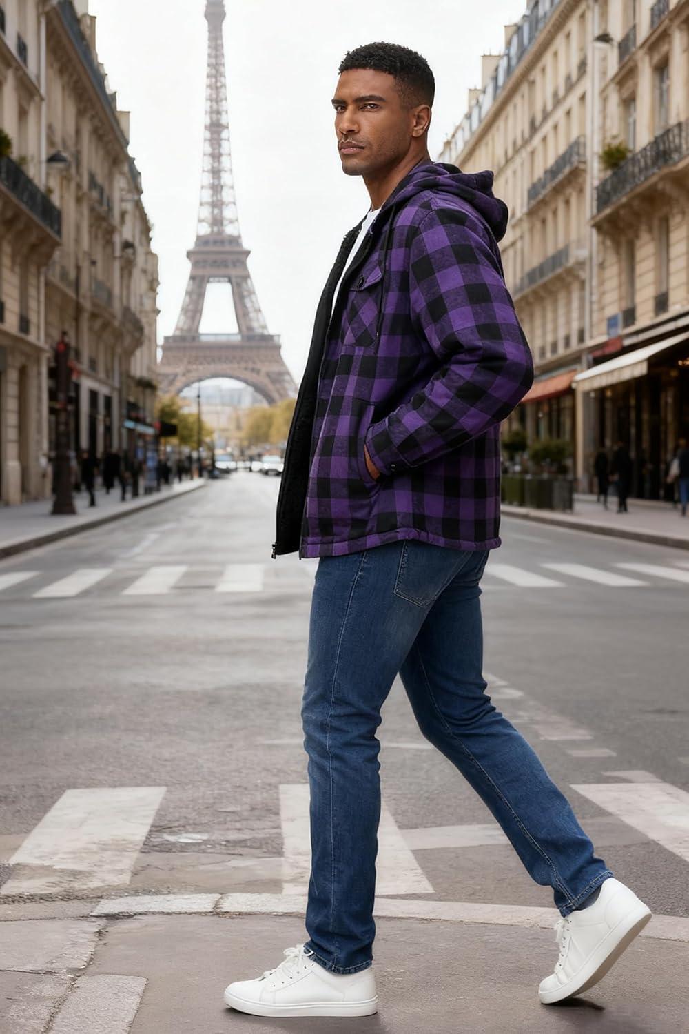 imageMens Cotton Plaid Shirts Jacket Flannel Fleece Lined Hoodies Sherpa Zip Up Hoodie with PocketPurple Black