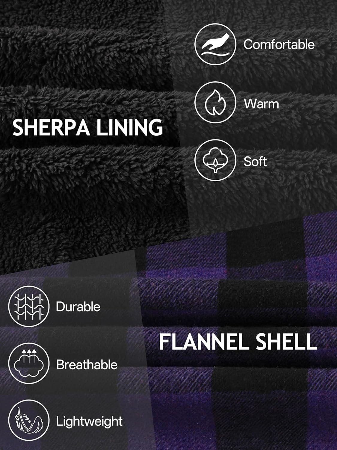 imageMens Cotton Plaid Shirts Jacket Flannel Fleece Lined Hoodies Sherpa Zip Up Hoodie with PocketPurple Black