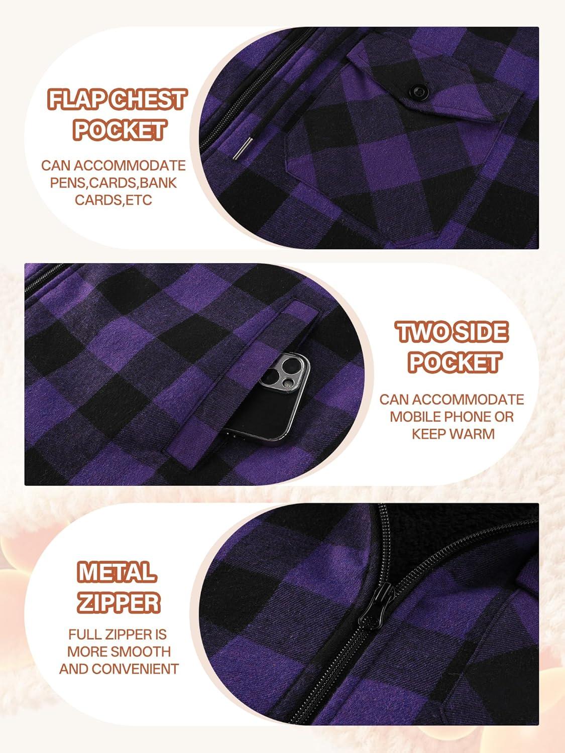 imageMens Cotton Plaid Shirts Jacket Flannel Fleece Lined Hoodies Sherpa Zip Up Hoodie with PocketPurple Black