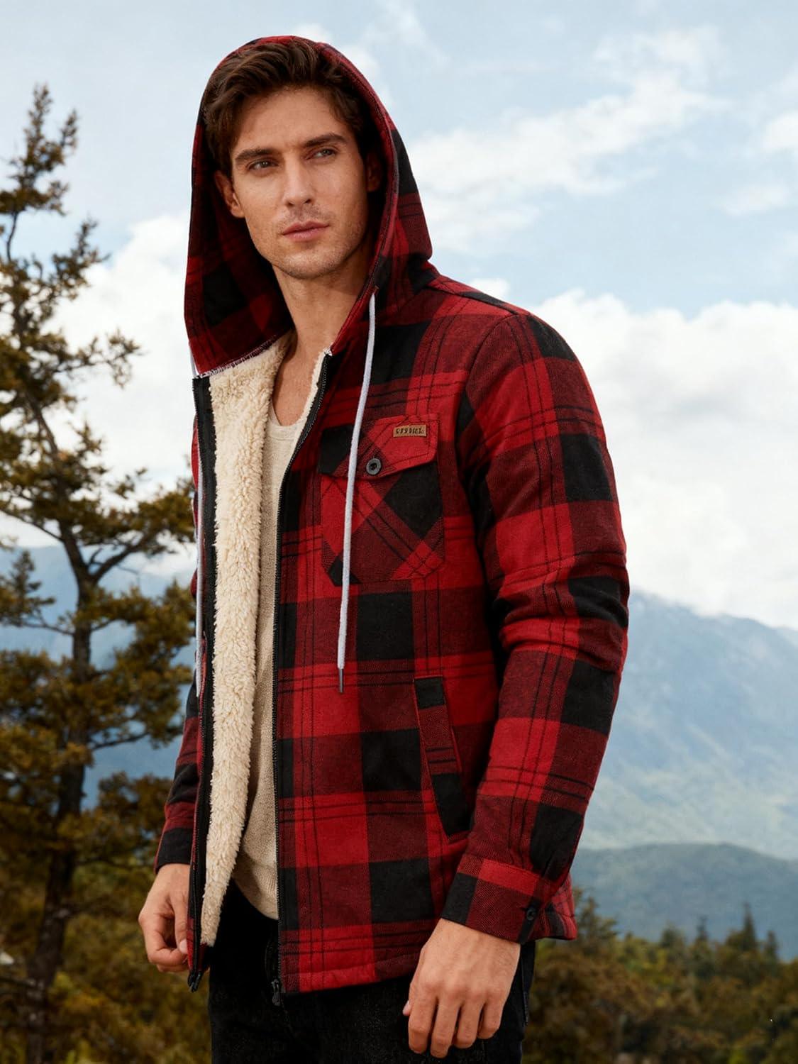 imageMens Cotton Plaid Shirts Jacket Flannel Fleece Lined Hoodies Sherpa Zip Up Hoodie with PocketRed Black