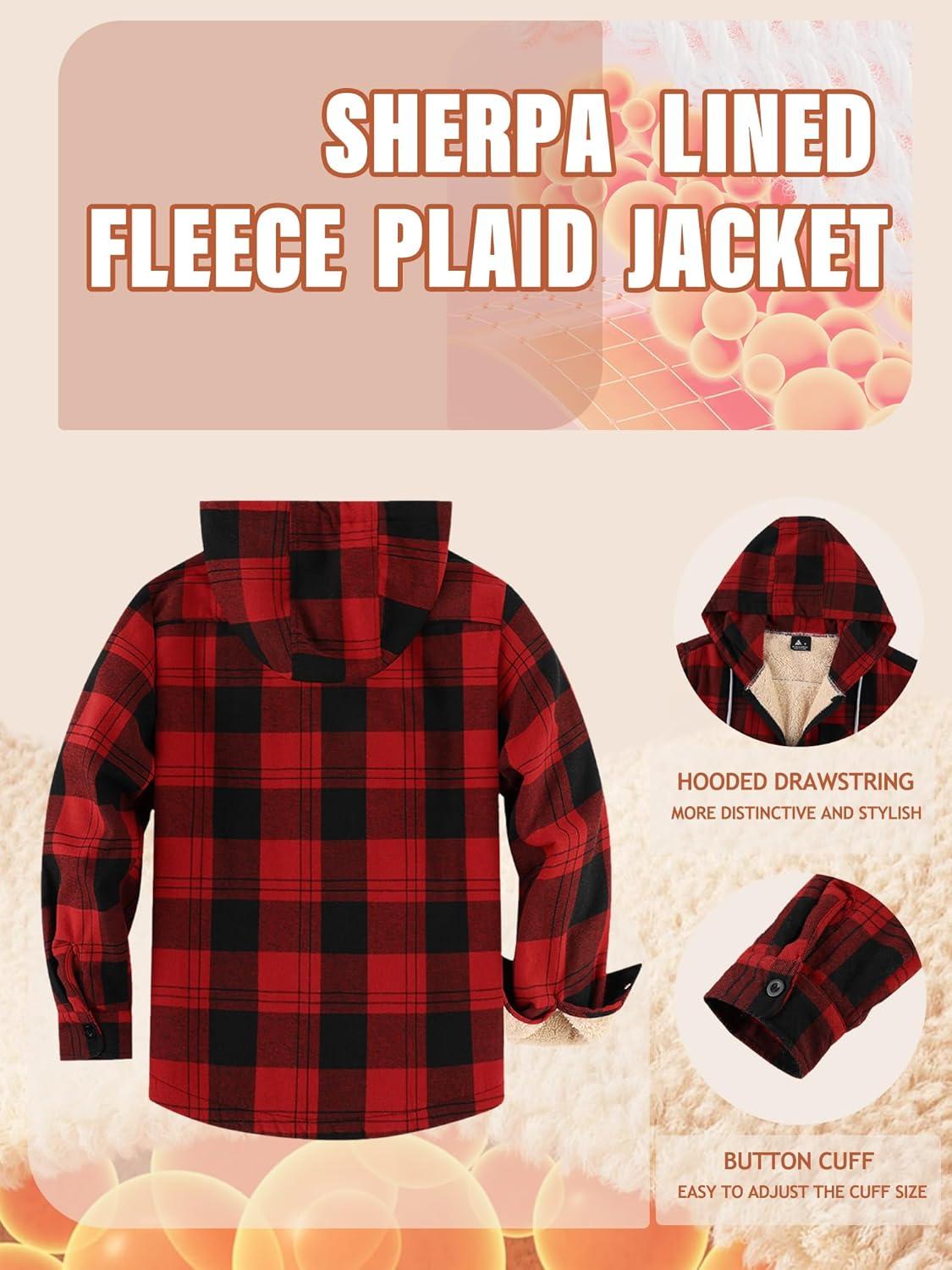 imageMens Cotton Plaid Shirts Jacket Flannel Fleece Lined Hoodies Sherpa Zip Up Hoodie with PocketRed Black