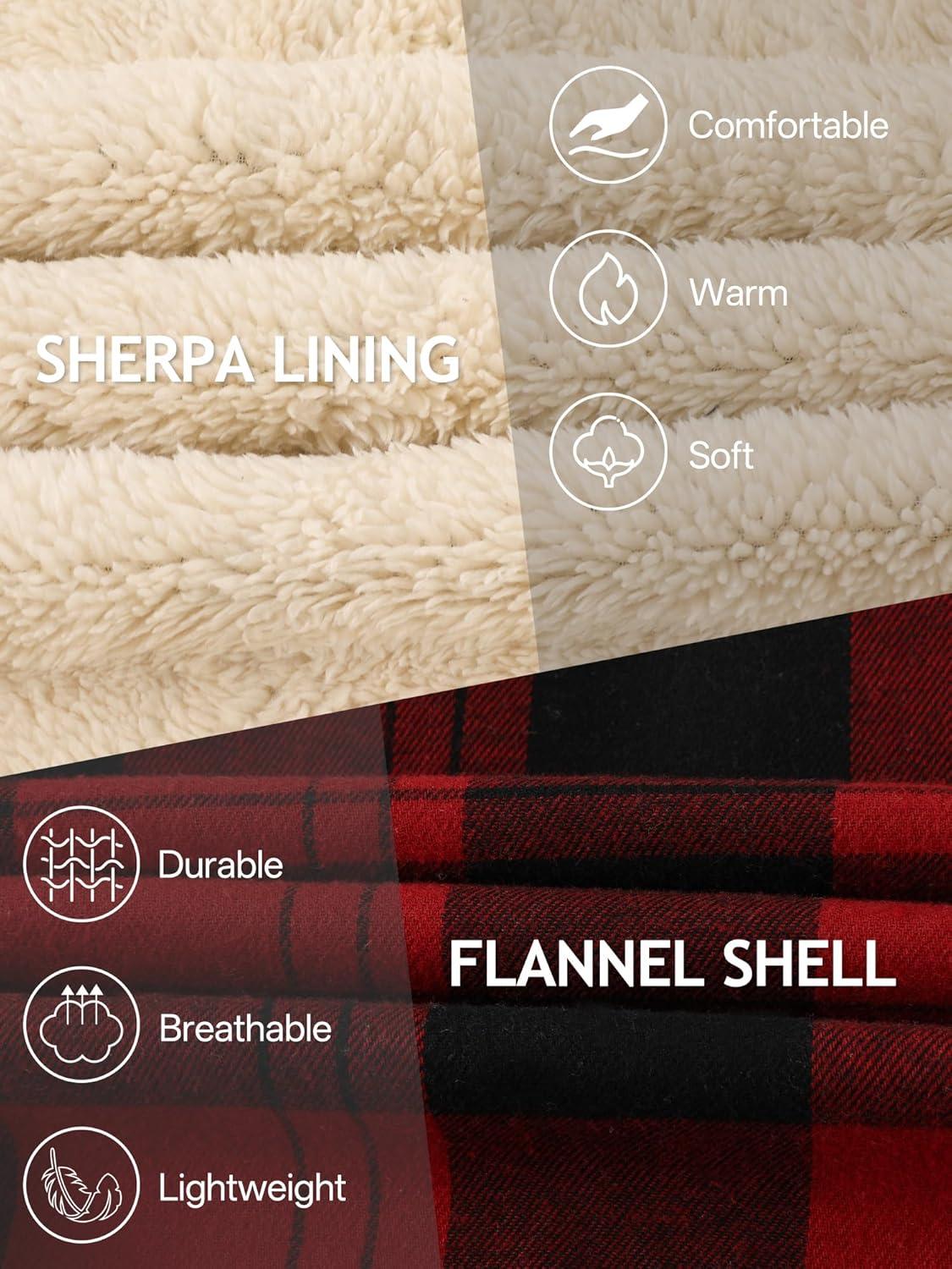 imageMens Cotton Plaid Shirts Jacket Flannel Fleece Lined Hoodies Sherpa Zip Up Hoodie with PocketRed Black