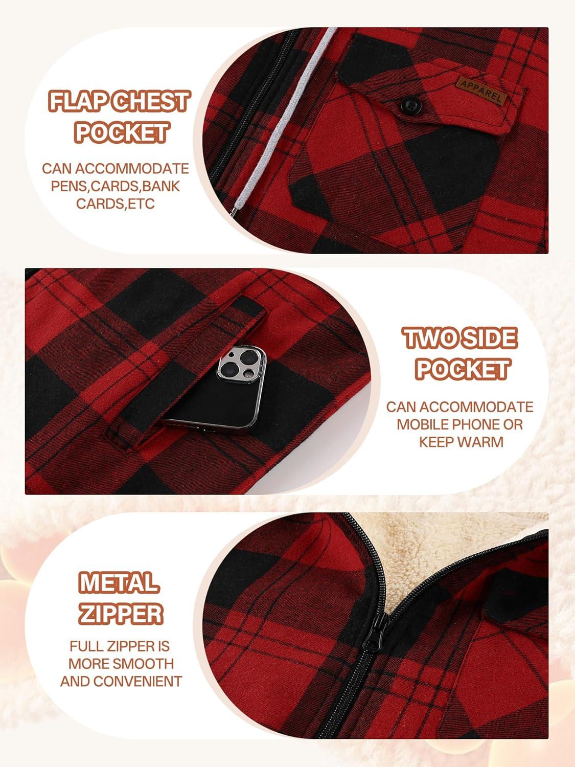 imageMens Cotton Plaid Shirts Jacket Flannel Fleece Lined Hoodies Sherpa Zip Up Hoodie with PocketRed Black