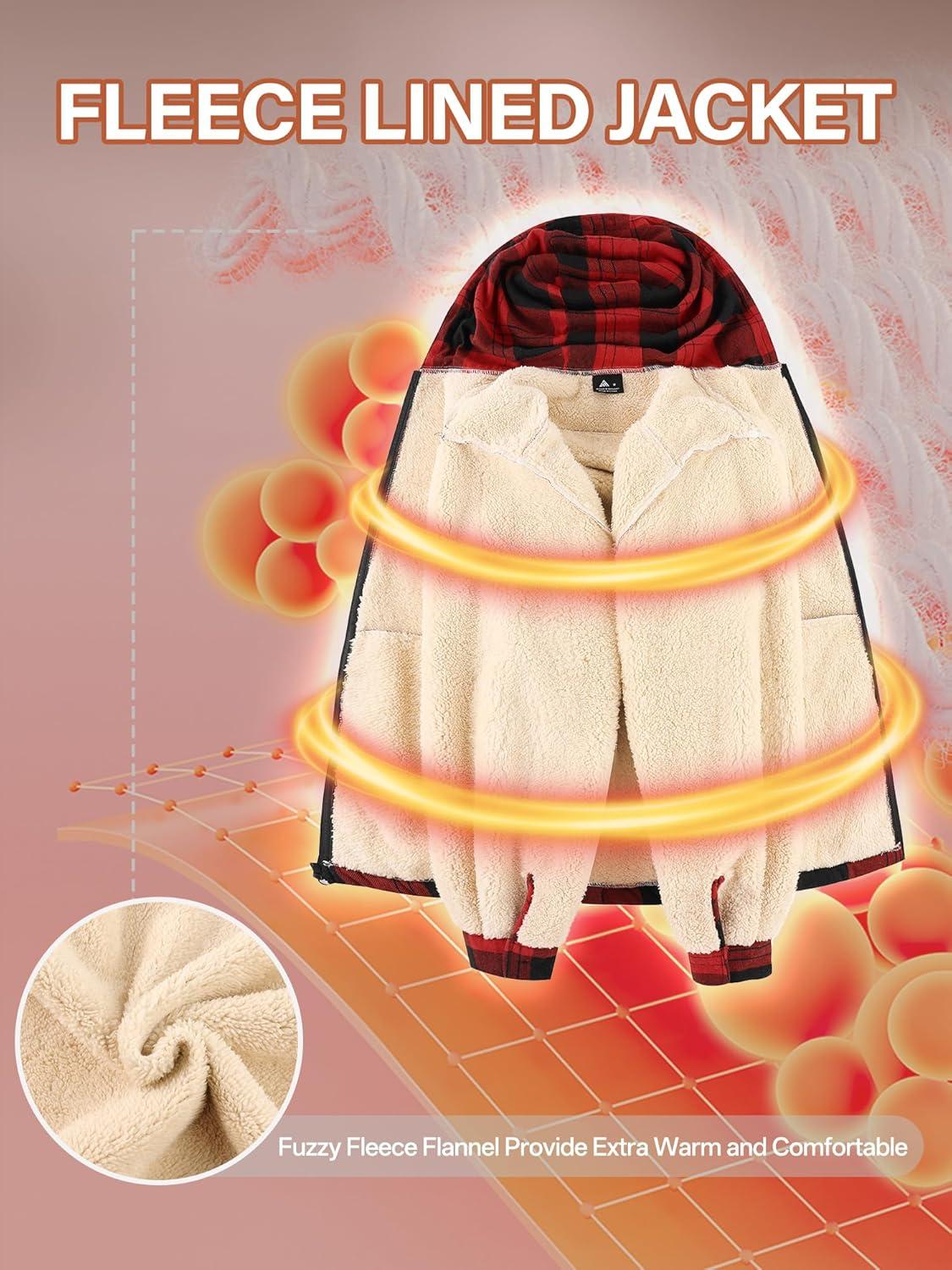 imageMens Cotton Plaid Shirts Jacket Flannel Fleece Lined Hoodies Sherpa Zip Up Hoodie with PocketRed Black