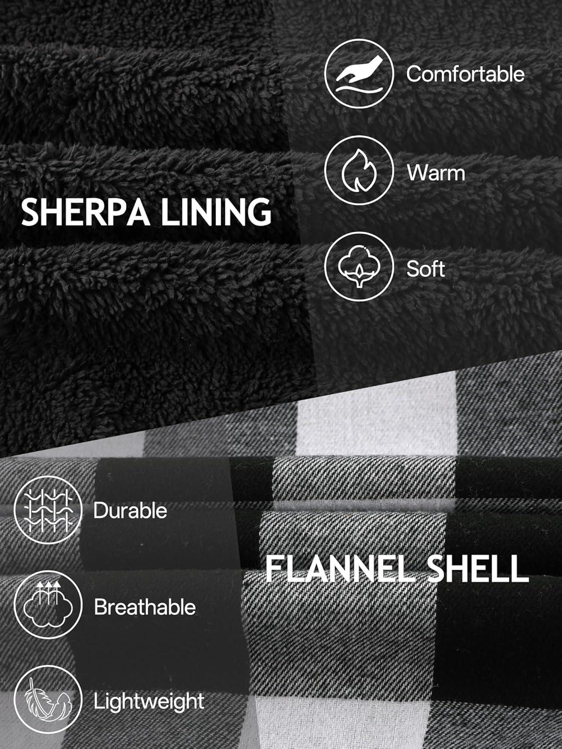 imageMens Cotton Plaid Shirts Jacket Flannel Fleece Lined Hoodies Sherpa Zip Up Hoodie with PocketWhite Black