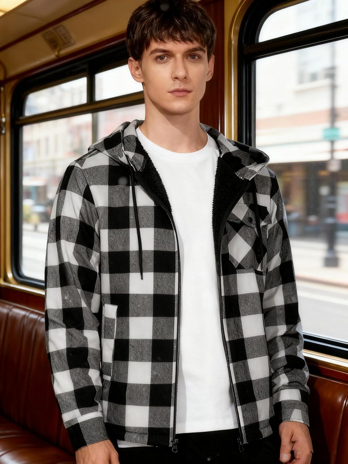 imageMens Cotton Plaid Shirts Jacket Flannel Fleece Lined Hoodies Sherpa Zip Up Hoodie with PocketWhite Black