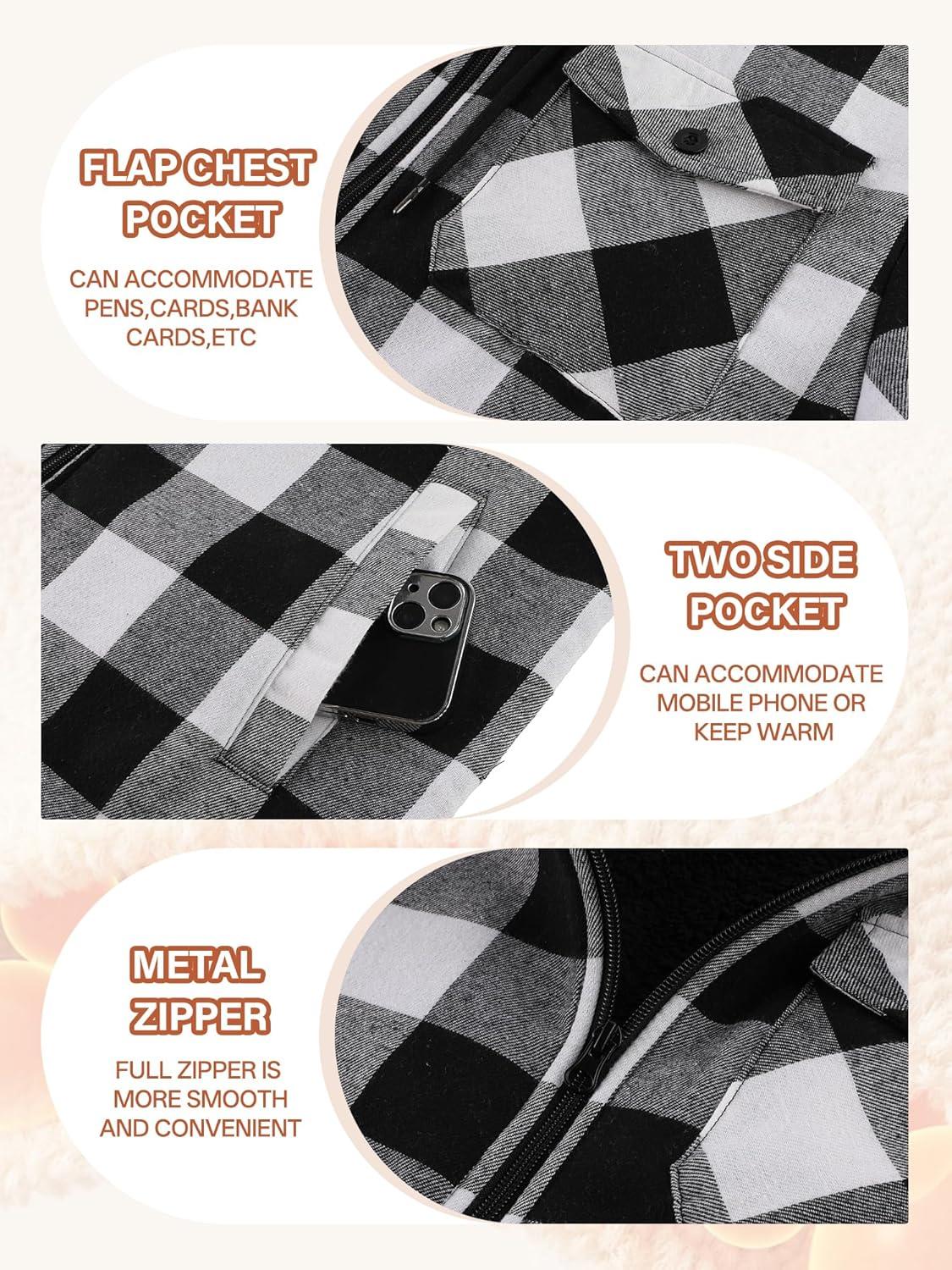 imageMens Cotton Plaid Shirts Jacket Flannel Fleece Lined Hoodies Sherpa Zip Up Hoodie with PocketWhite Black