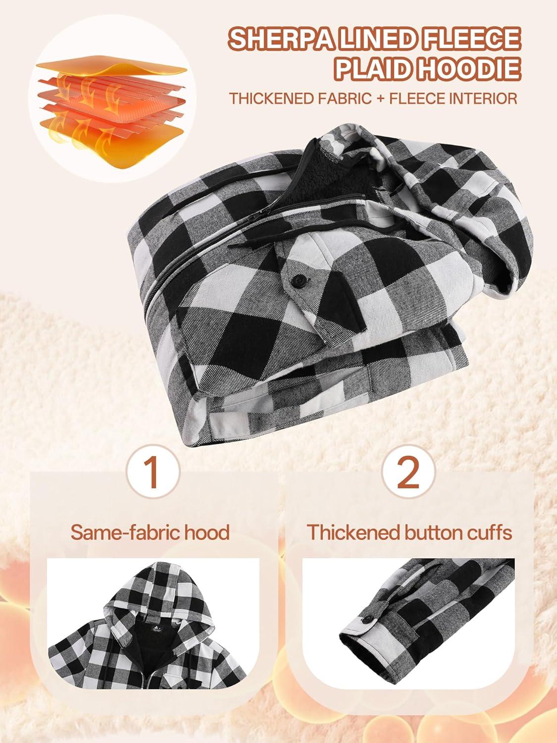 imageMens Cotton Plaid Shirts Jacket Flannel Fleece Lined Hoodies Sherpa Zip Up Hoodie with PocketWhite Black