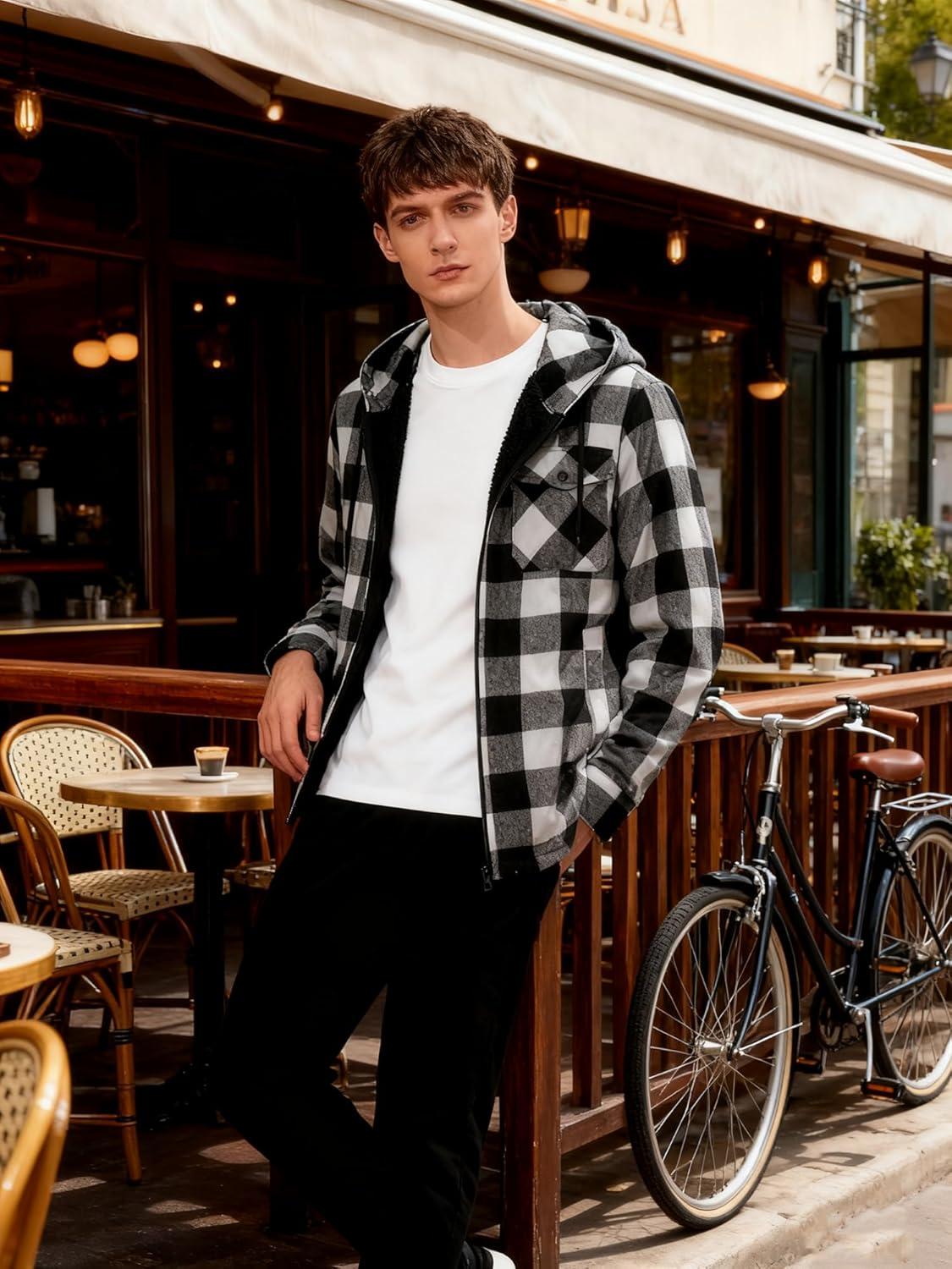 imageMens Cotton Plaid Shirts Jacket Flannel Fleece Lined Hoodies Sherpa Zip Up Hoodie with PocketWhite Black