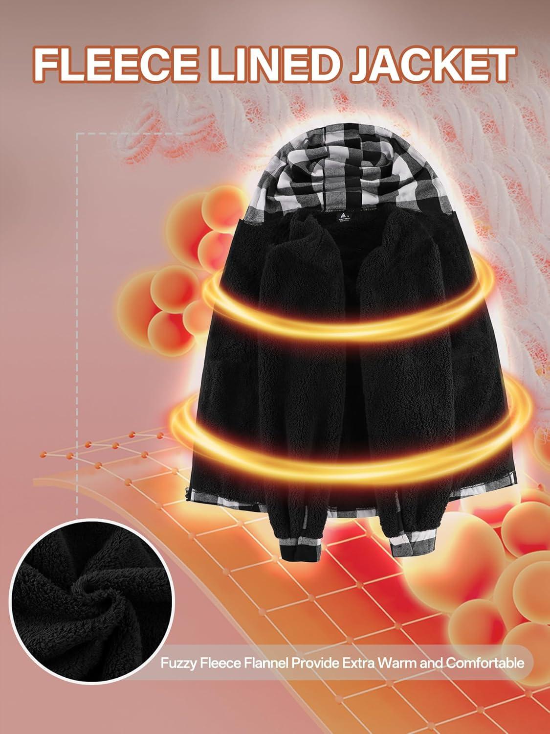 imageMens Cotton Plaid Shirts Jacket Flannel Fleece Lined Hoodies Sherpa Zip Up Hoodie with PocketWhite Black