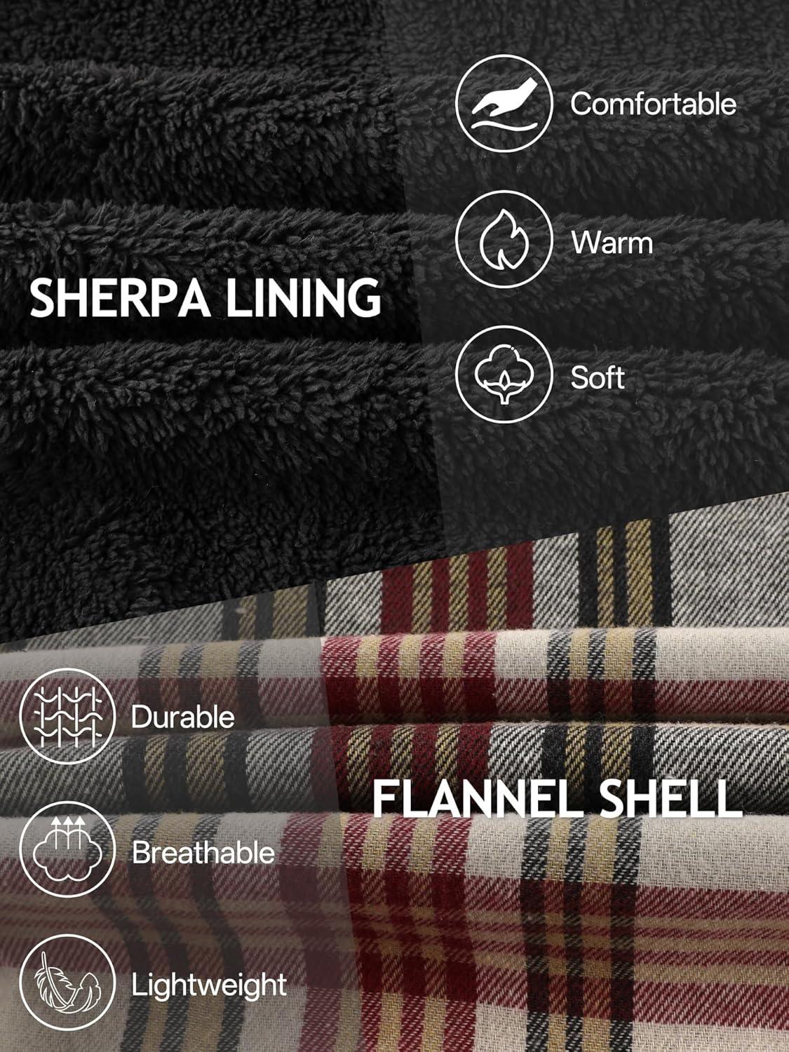 imageMens Cotton Plaid Shirts Jacket Flannel Fleece Lined Hoodies Sherpa Zip Up Hoodie with PocketWine Red Grey