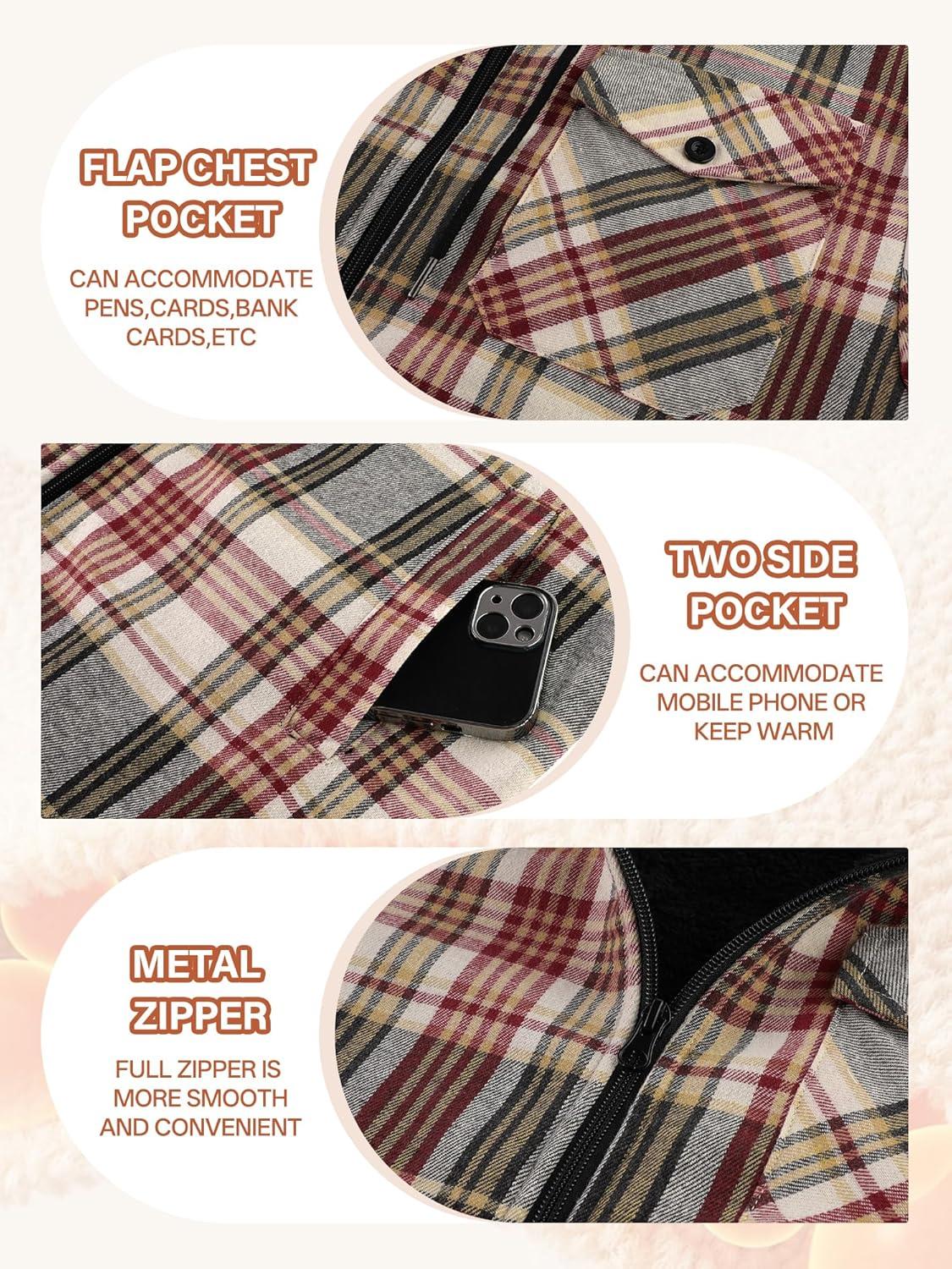 imageMens Cotton Plaid Shirts Jacket Flannel Fleece Lined Hoodies Sherpa Zip Up Hoodie with PocketWine Red Grey