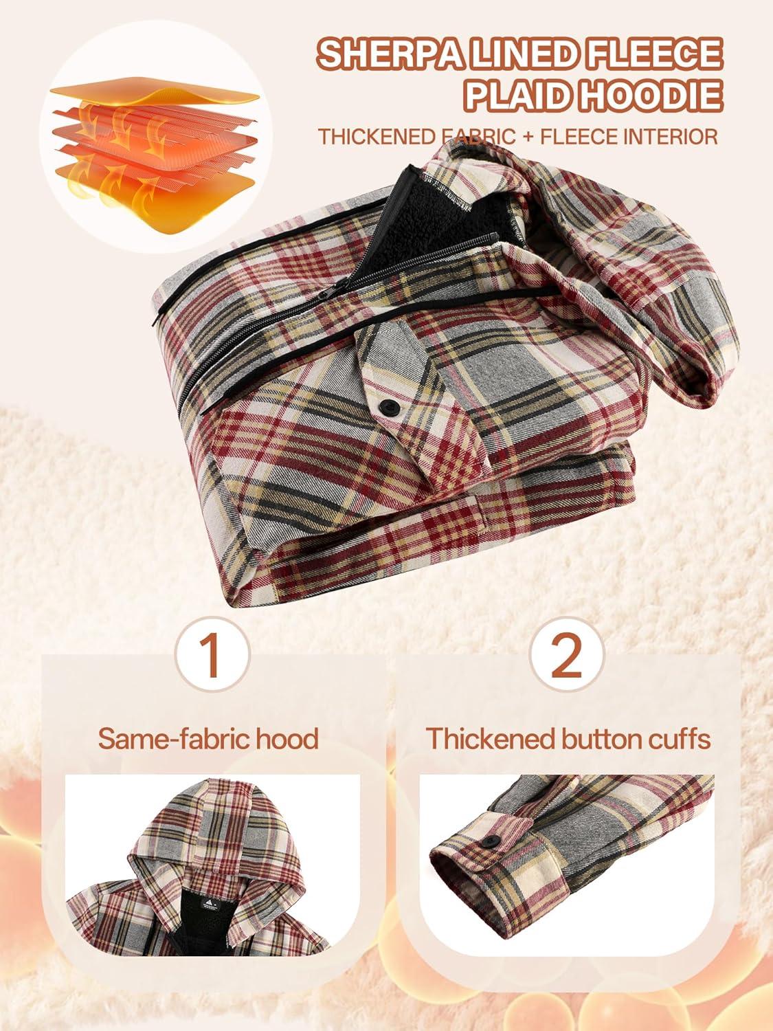 imageMens Cotton Plaid Shirts Jacket Flannel Fleece Lined Hoodies Sherpa Zip Up Hoodie with PocketWine Red Grey