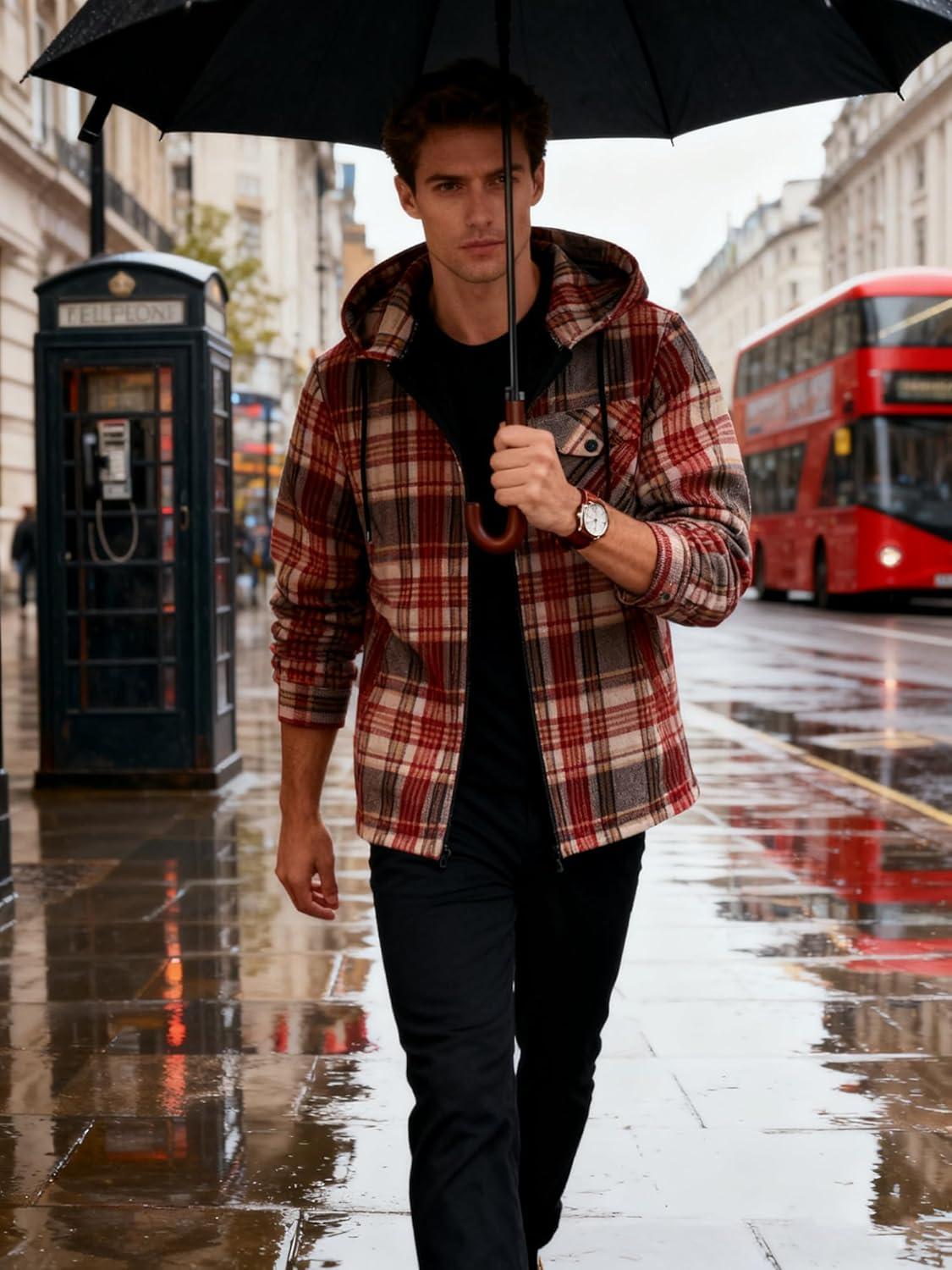 imageMens Cotton Plaid Shirts Jacket Flannel Fleece Lined Hoodies Sherpa Zip Up Hoodie with PocketWine Red Grey