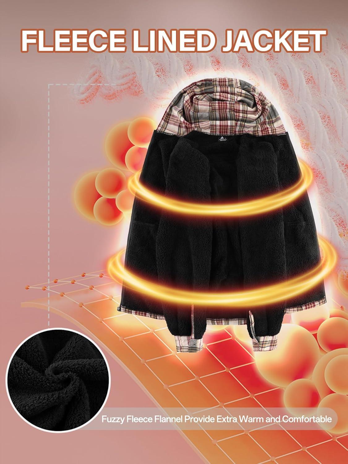 imageMens Cotton Plaid Shirts Jacket Flannel Fleece Lined Hoodies Sherpa Zip Up Hoodie with PocketWine Red Grey