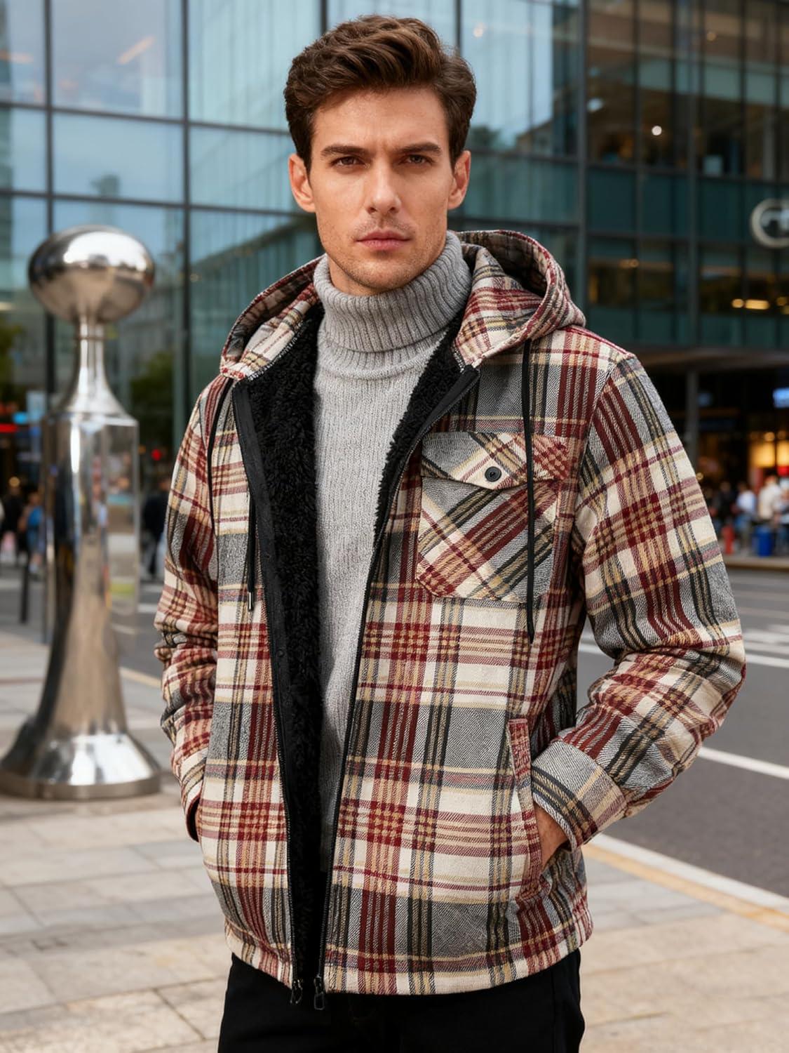 imageMens Cotton Plaid Shirts Jacket Flannel Fleece Lined Hoodies Sherpa Zip Up Hoodie with PocketWine Red Grey