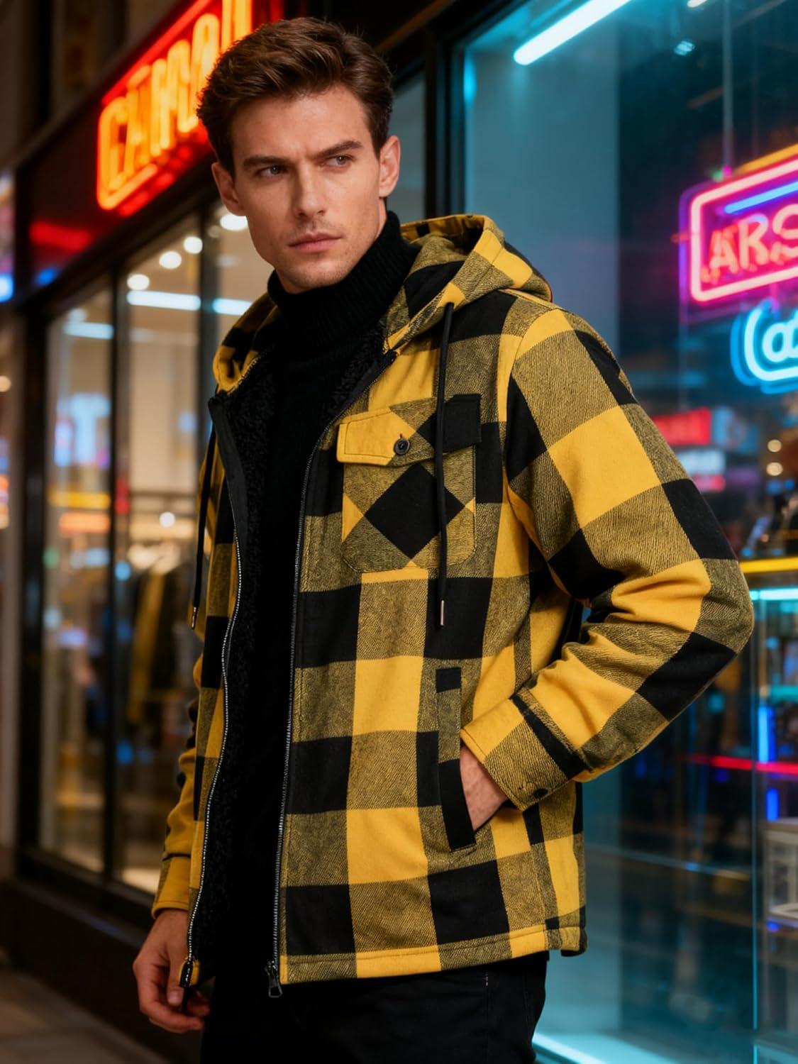 imageMens Cotton Plaid Shirts Jacket Flannel Fleece Lined Hoodies Sherpa Zip Up Hoodie with PocketYellow Black