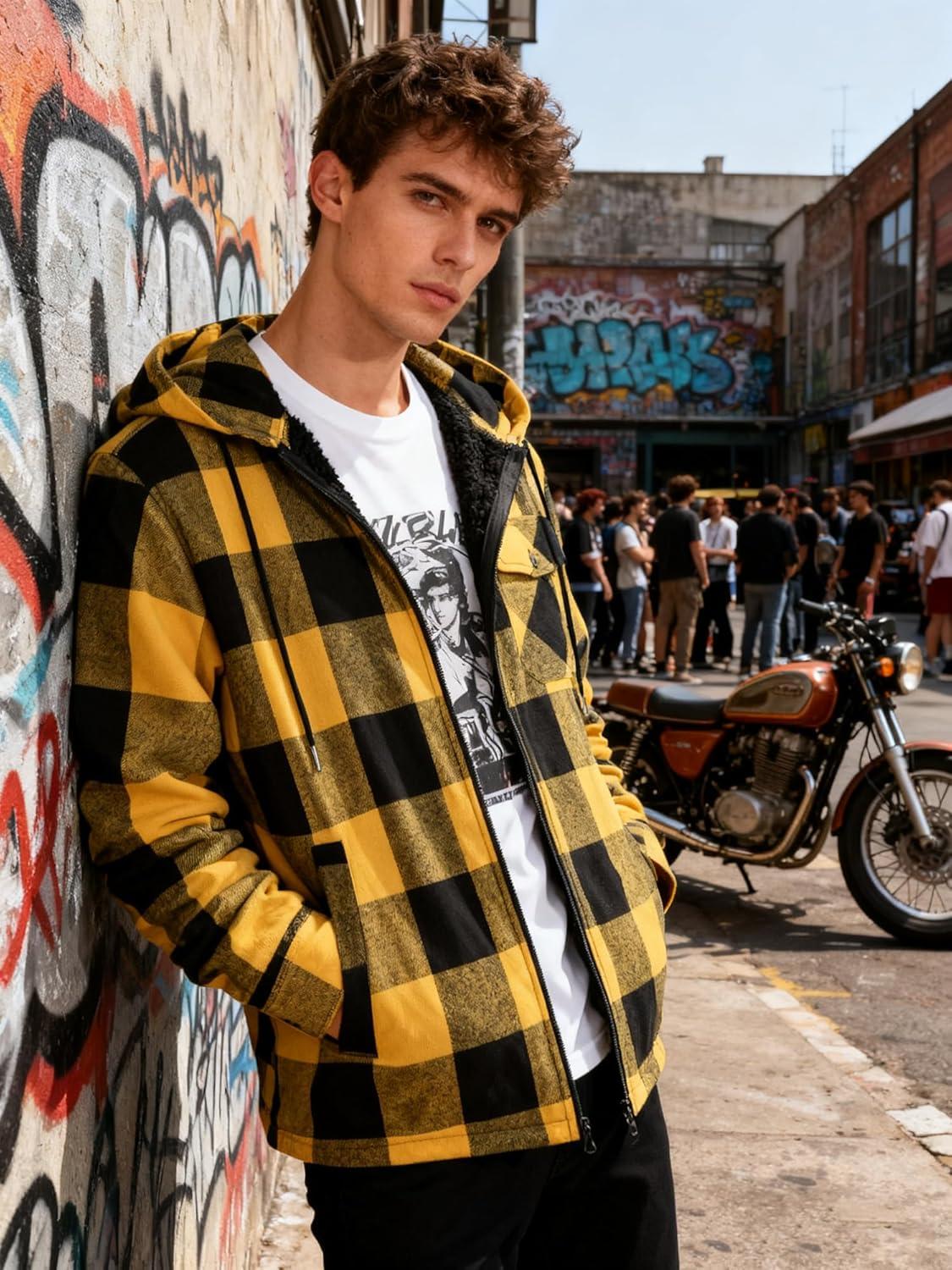 imageMens Cotton Plaid Shirts Jacket Flannel Fleece Lined Hoodies Sherpa Zip Up Hoodie with PocketYellow Black