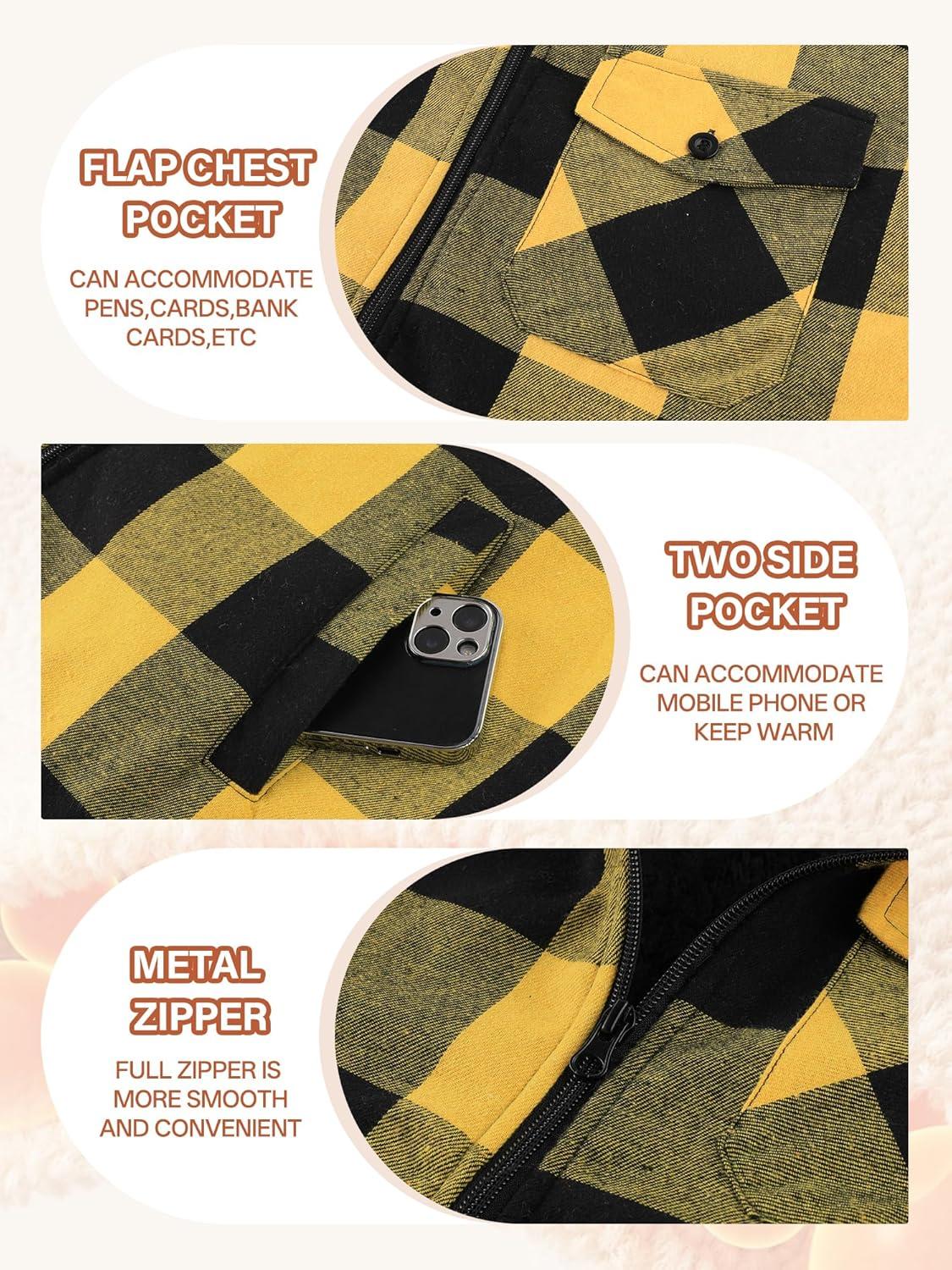 imageMens Cotton Plaid Shirts Jacket Flannel Fleece Lined Hoodies Sherpa Zip Up Hoodie with PocketYellow Black
