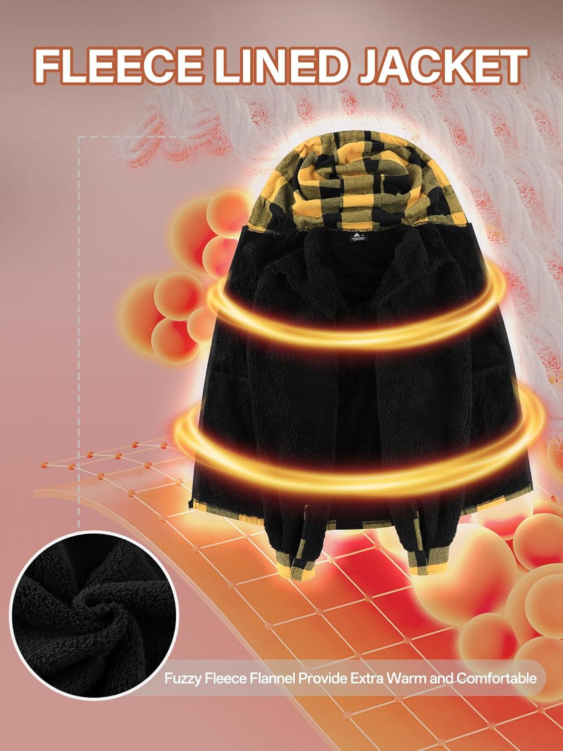 imageMens Cotton Plaid Shirts Jacket Flannel Fleece Lined Hoodies Sherpa Zip Up Hoodie with PocketYellow Black