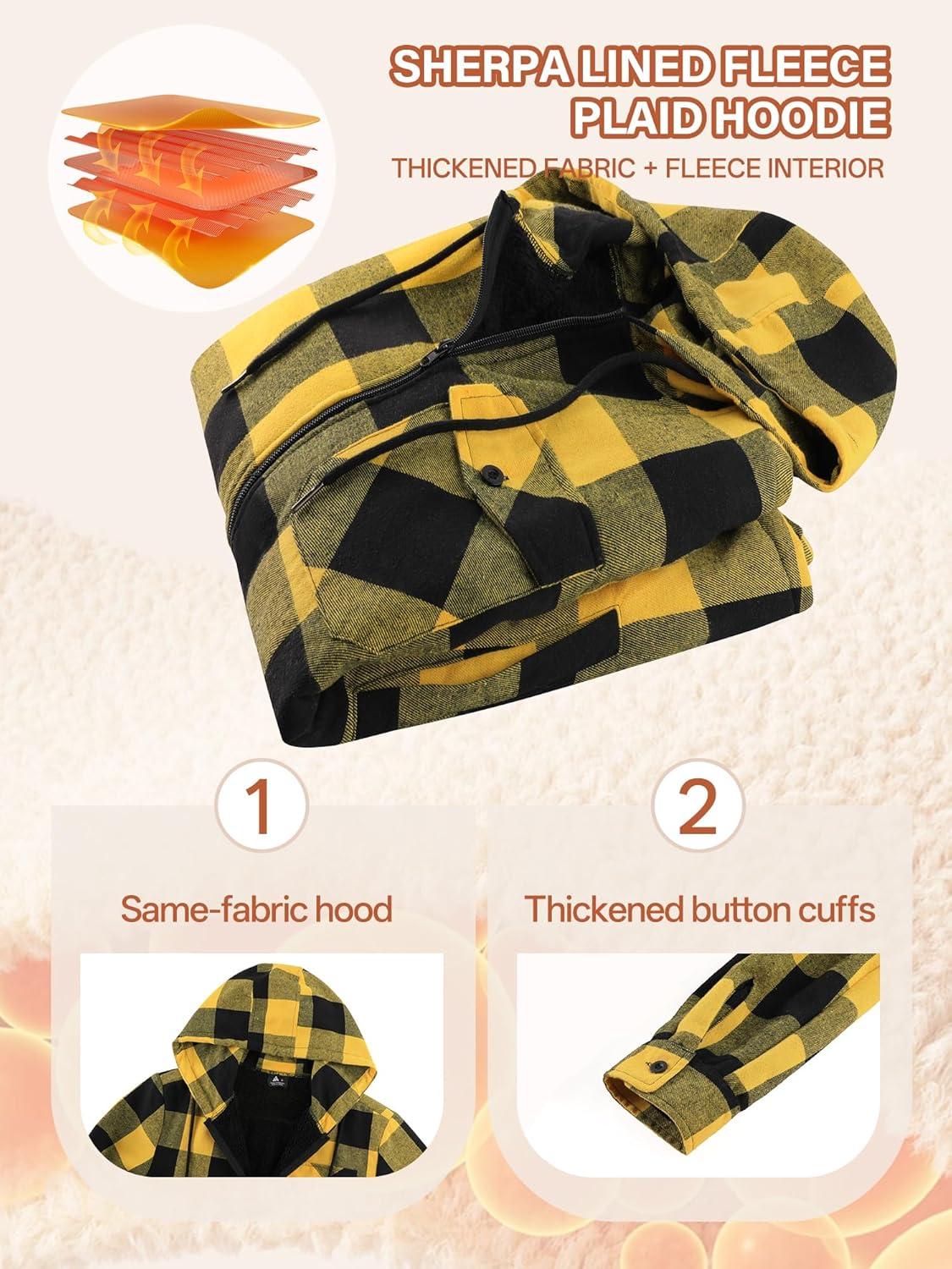 imageMens Cotton Plaid Shirts Jacket Flannel Fleece Lined Hoodies Sherpa Zip Up Hoodie with PocketYellow Black