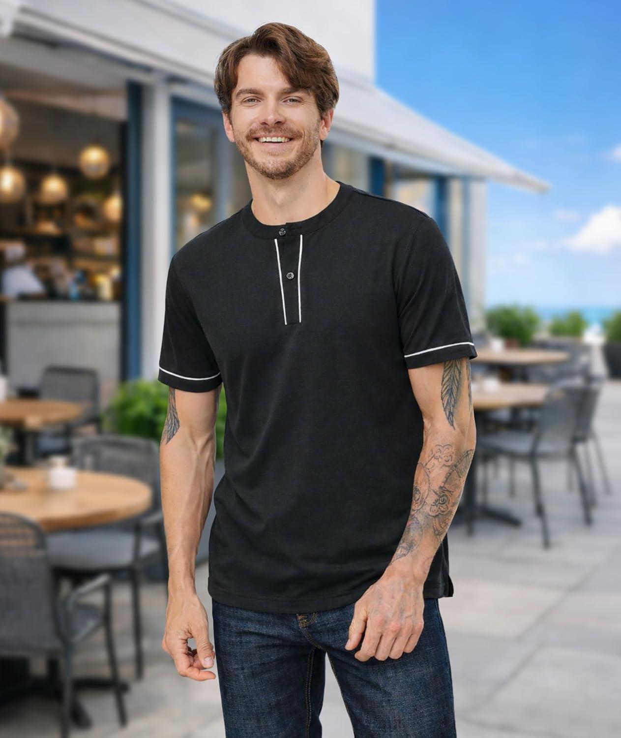 imageMens Henley Short Sleeve Shirts Button Shirt Casual Fashion Soft Lightweight Vintage Regular Fit Summer TShirt TopsBlack
