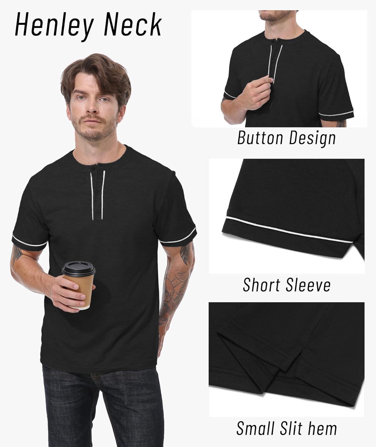 imageMens Henley Short Sleeve Shirts Button Shirt Casual Fashion Soft Lightweight Vintage Regular Fit Summer TShirt TopsBlack