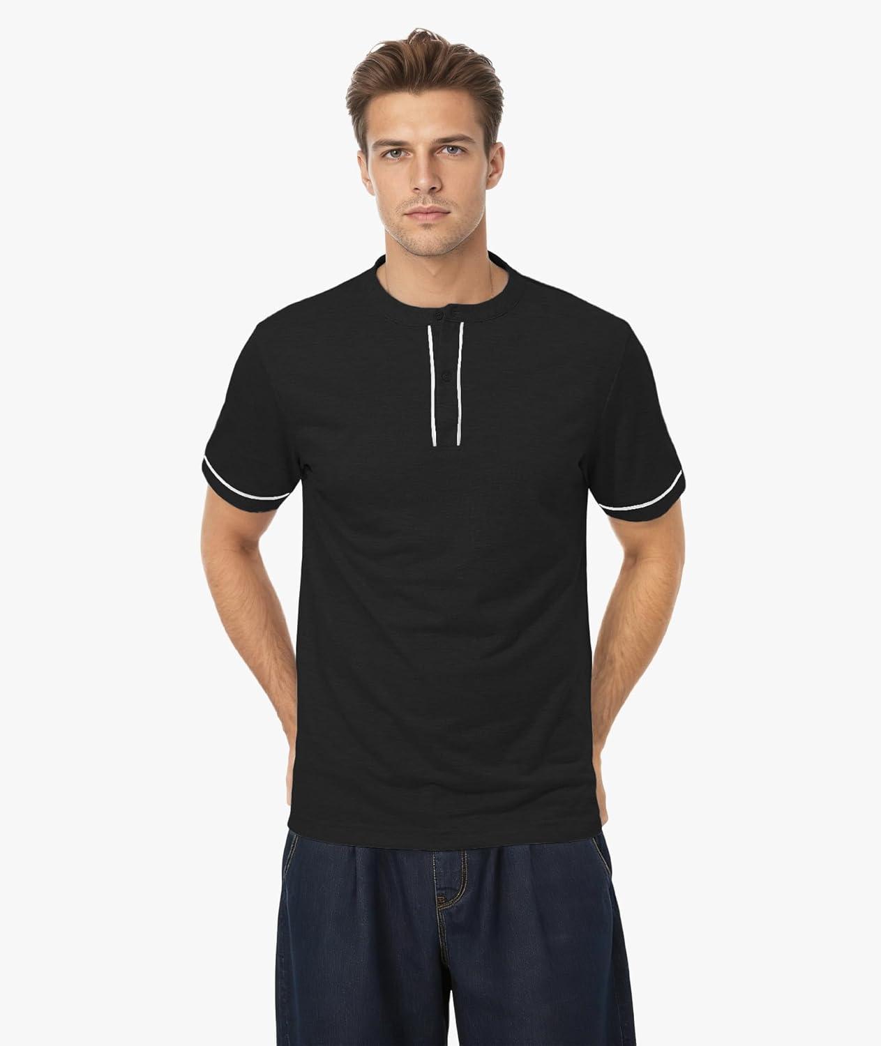 imageMens Henley Short Sleeve Shirts Button Shirt Casual Fashion Soft Lightweight Vintage Regular Fit Summer TShirt TopsBlack