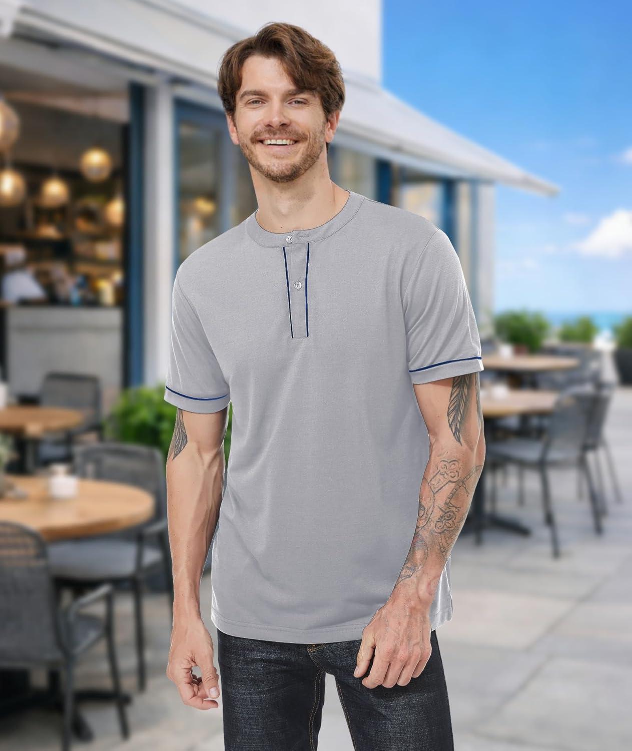 imageMens Henley Short Sleeve Shirts Button Shirt Casual Fashion Soft Lightweight Vintage Regular Fit Summer TShirt TopsGray