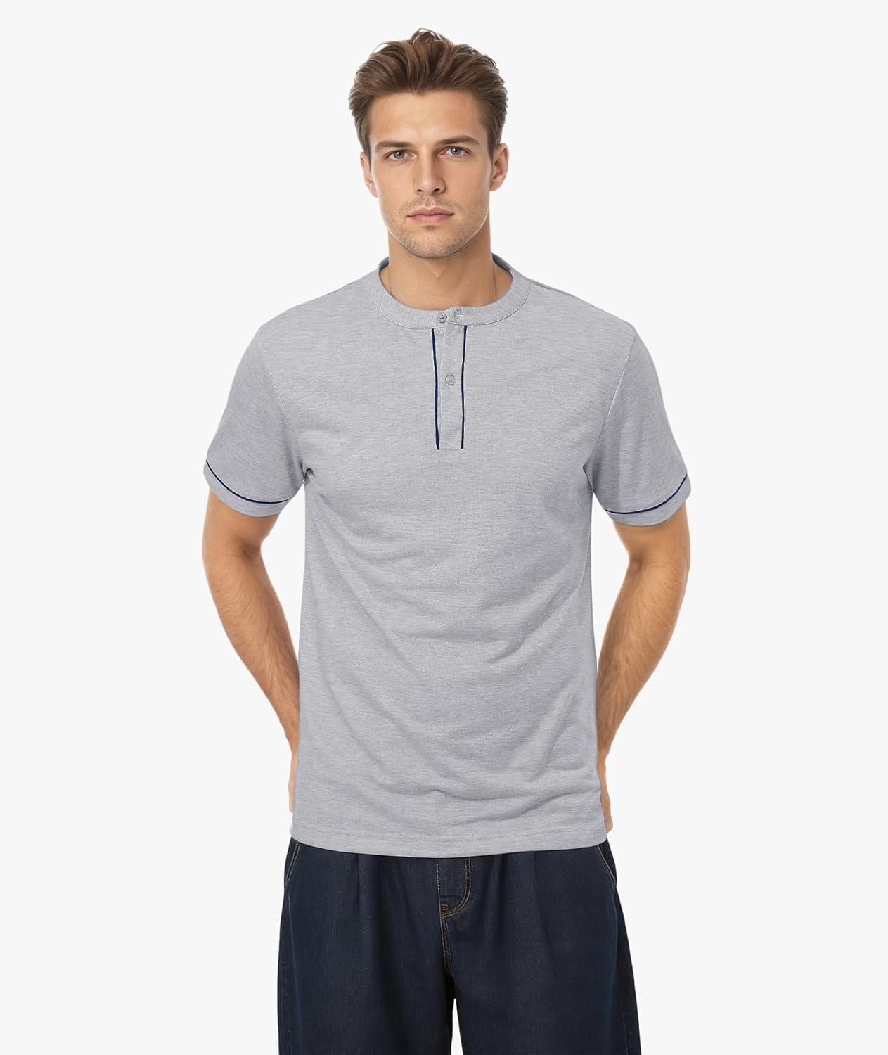 imageMens Henley Short Sleeve Shirts Button Shirt Casual Fashion Soft Lightweight Vintage Regular Fit Summer TShirt TopsGray