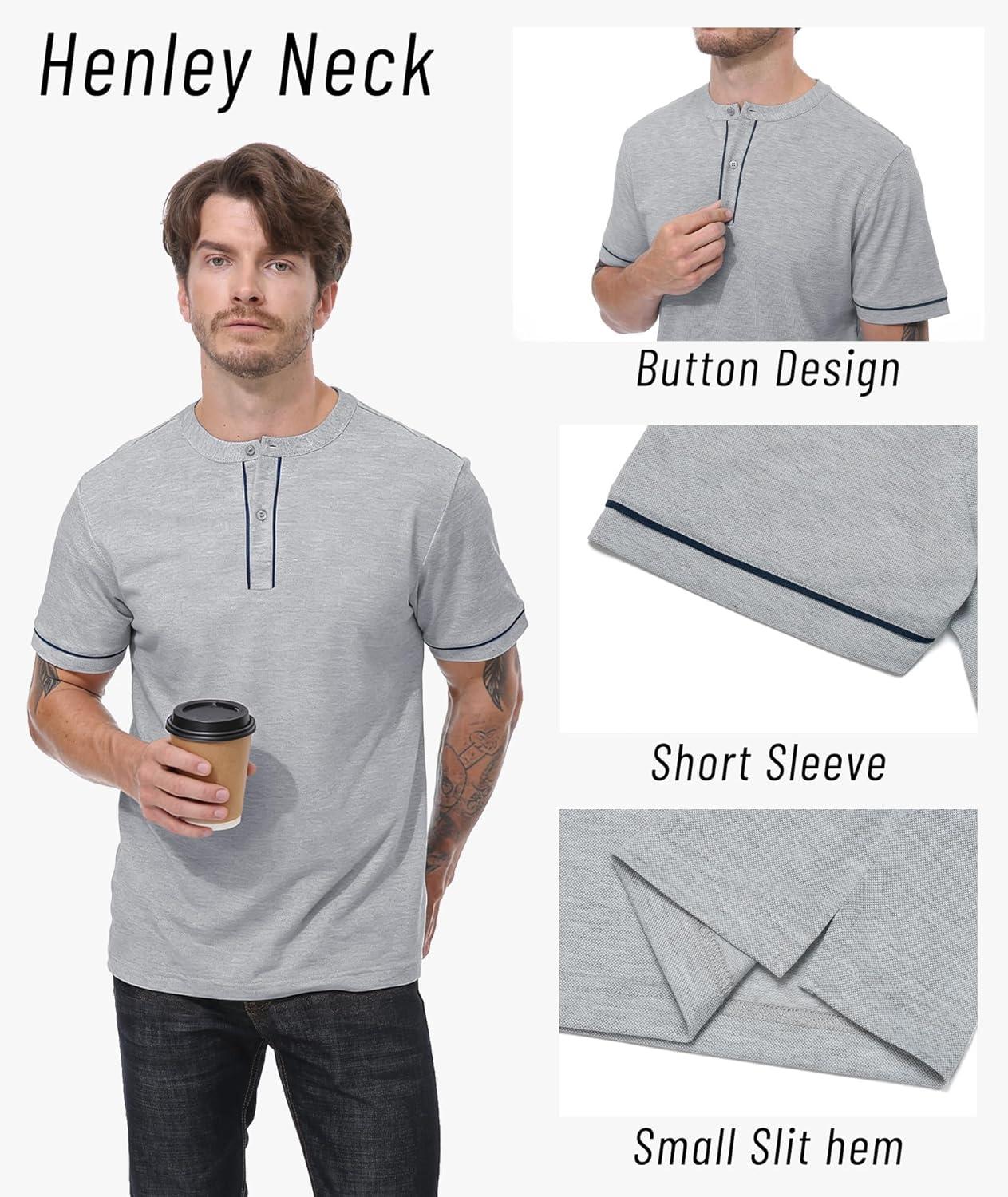 imageMens Henley Short Sleeve Shirts Button Shirt Casual Fashion Soft Lightweight Vintage Regular Fit Summer TShirt TopsGray