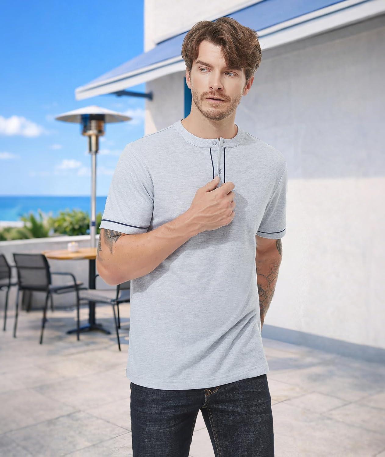 imageMens Henley Short Sleeve Shirts Button Shirt Casual Fashion Soft Lightweight Vintage Regular Fit Summer TShirt TopsGray
