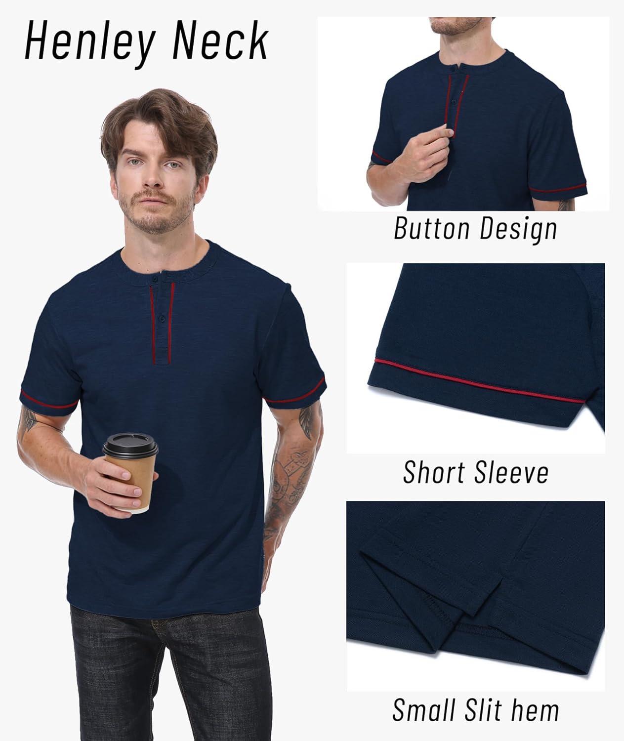 imageMens Henley Short Sleeve Shirts Button Shirt Casual Fashion Soft Lightweight Vintage Regular Fit Summer TShirt TopsNavy