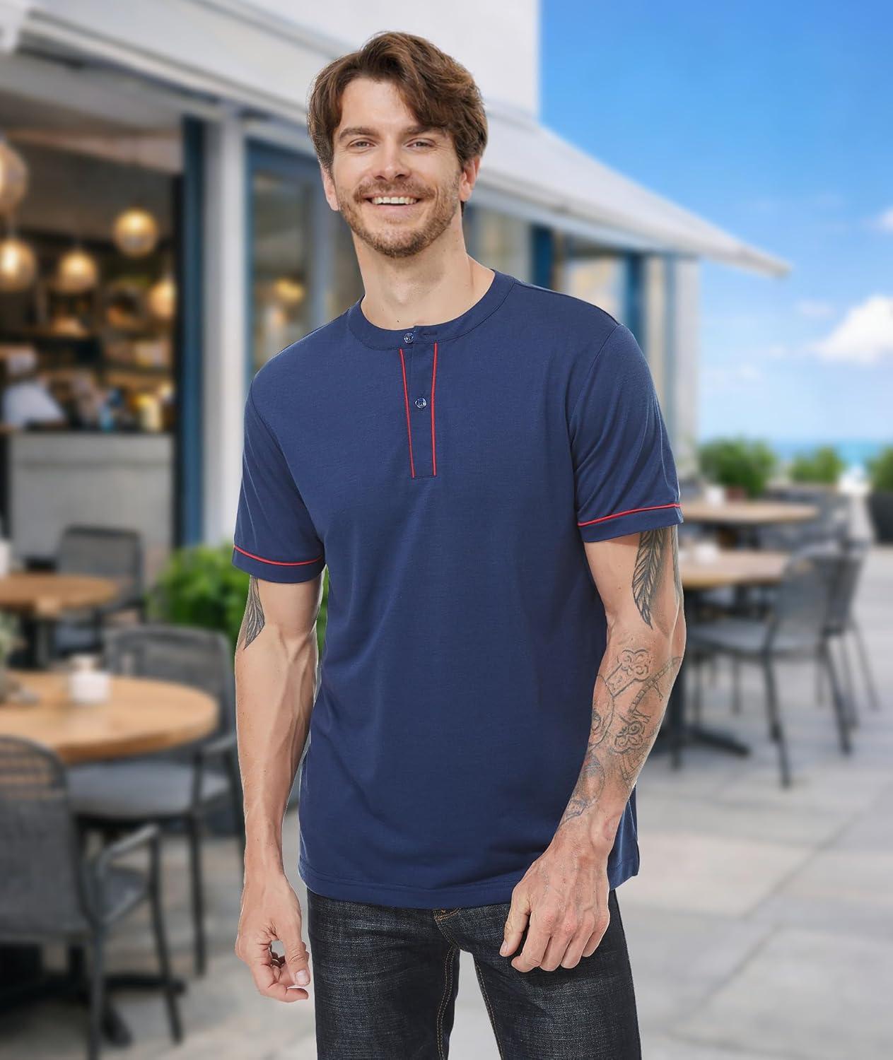 imageMens Henley Short Sleeve Shirts Button Shirt Casual Fashion Soft Lightweight Vintage Regular Fit Summer TShirt TopsNavy