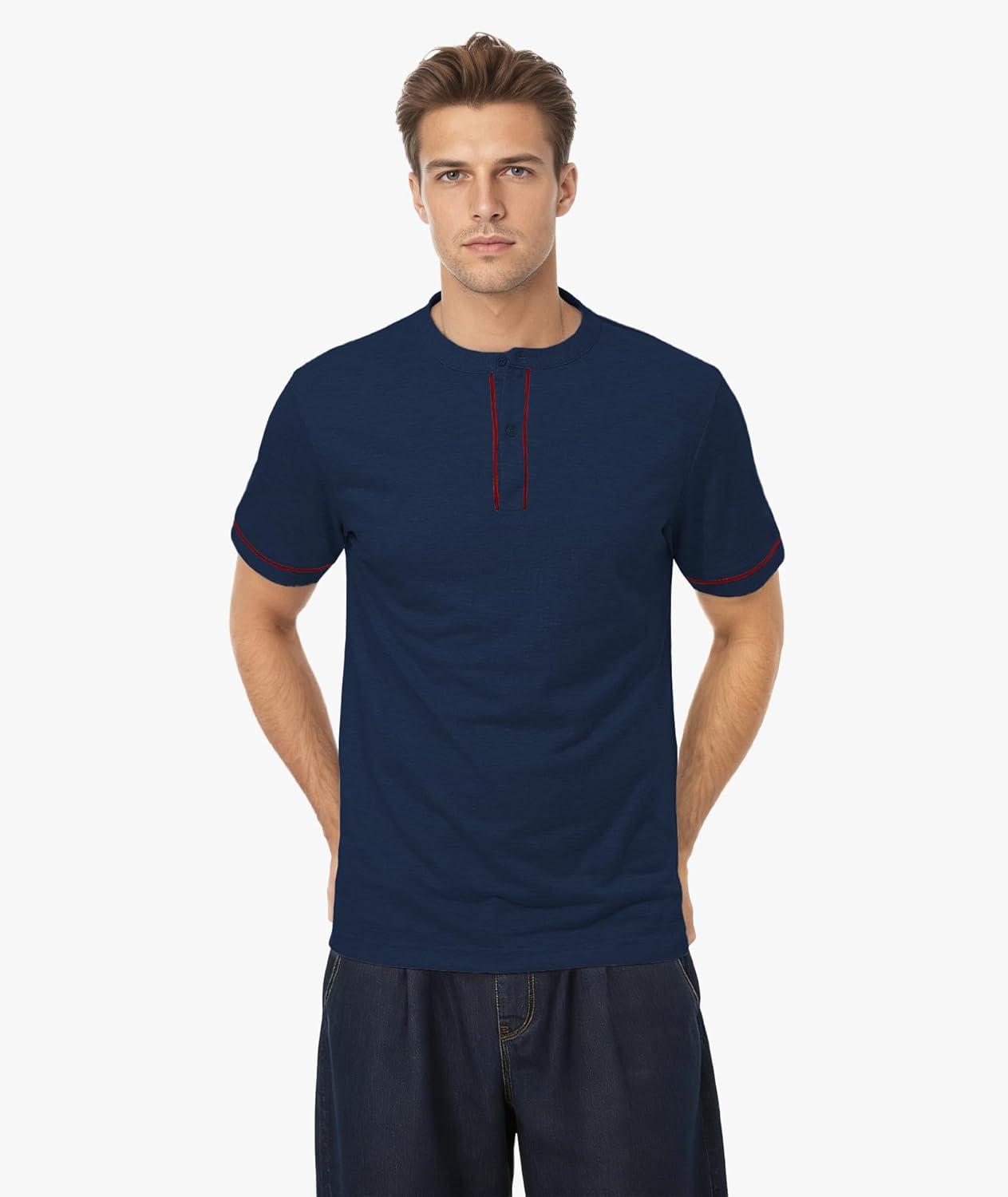 imageMens Henley Short Sleeve Shirts Button Shirt Casual Fashion Soft Lightweight Vintage Regular Fit Summer TShirt TopsNavy