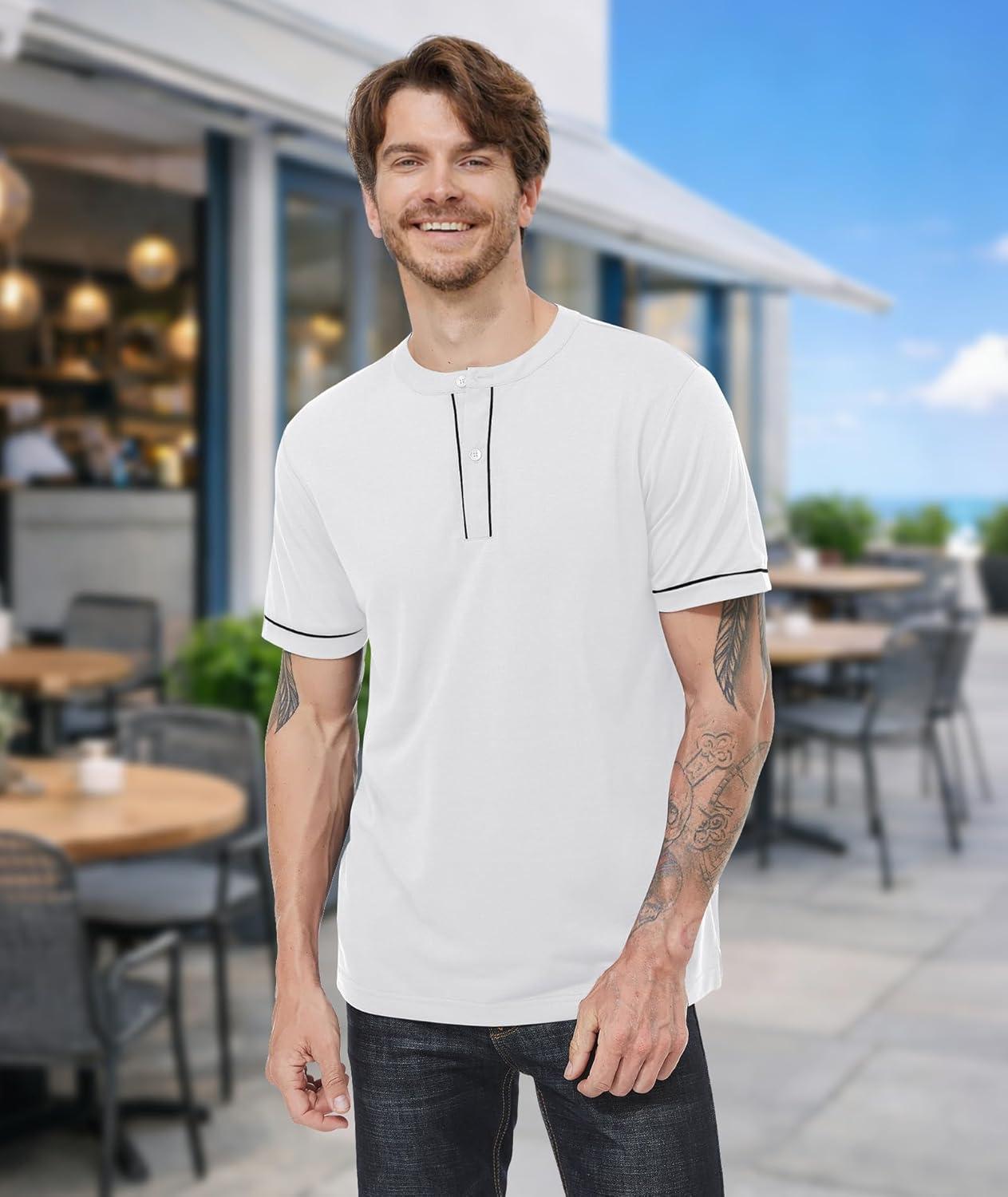 imageMens Henley Short Sleeve Shirts Button Shirt Casual Fashion Soft Lightweight Vintage Regular Fit Summer TShirt TopsWhite